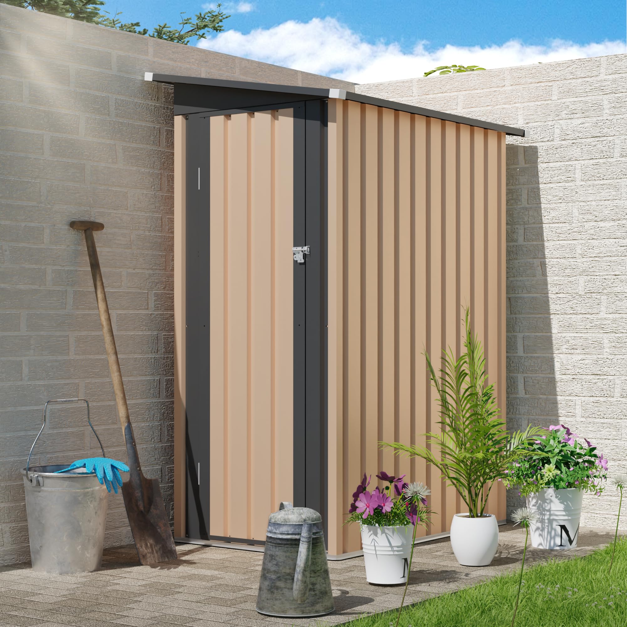 Photo 1 of ***PARTIAL SET - PRICE ADJUSTED***

KEIKI 5x3 FT Metal Storage Shed with Pent Roof & Side Hinge Door, Small Outdoor Storage Shed for Garden Tools, Backyard Metal Shed for Patio or Tiny House Use, Brown