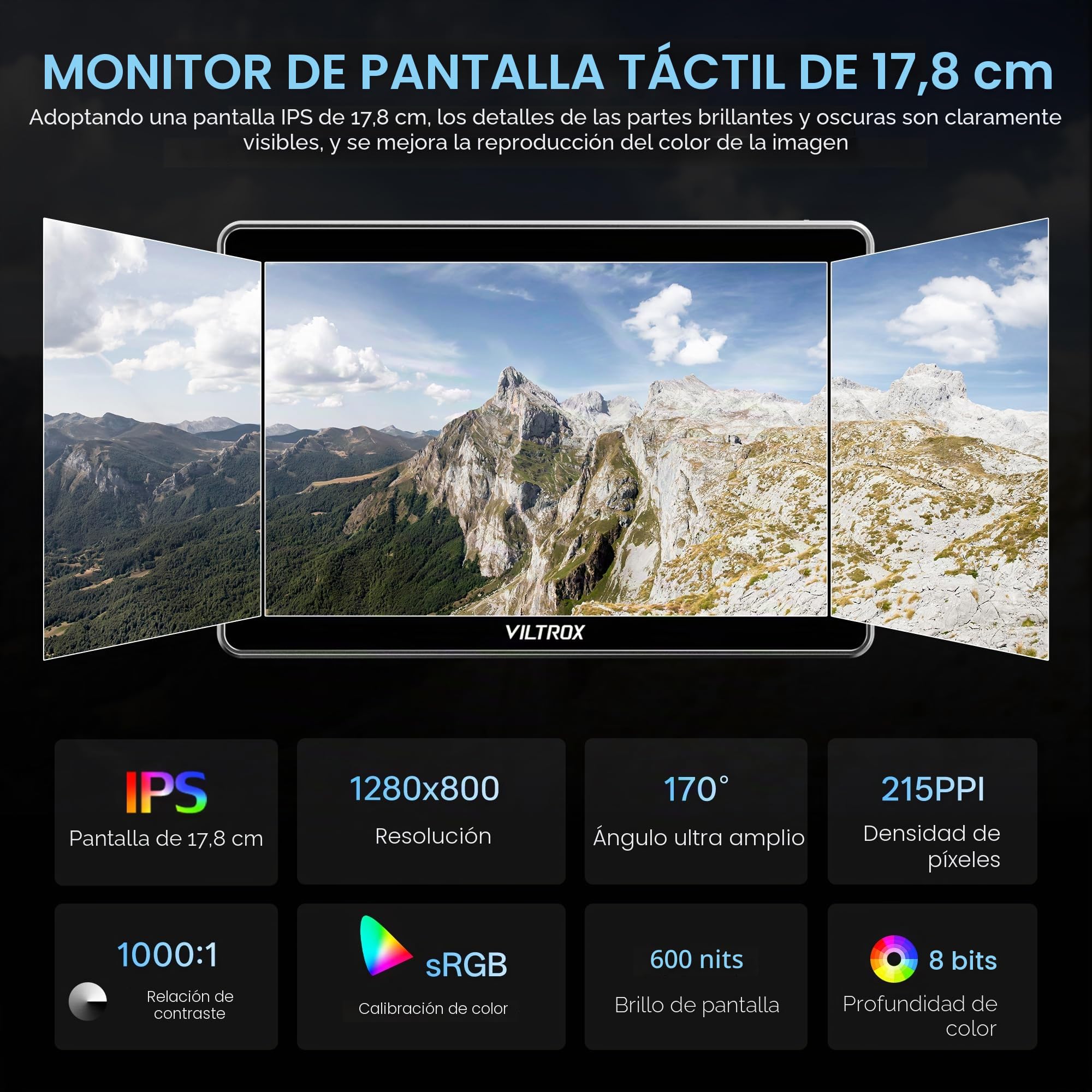 VILTROX DC-L2 7" SDI Monitor de Campo para cámara, Pantalla táctil IPS HD 1280x800 con Entrada/Salida HDMI y SDI 4K, 600 nits LUT 3D, Focus Peaking Asistencia Video, Forma Onda Completa, batería F550