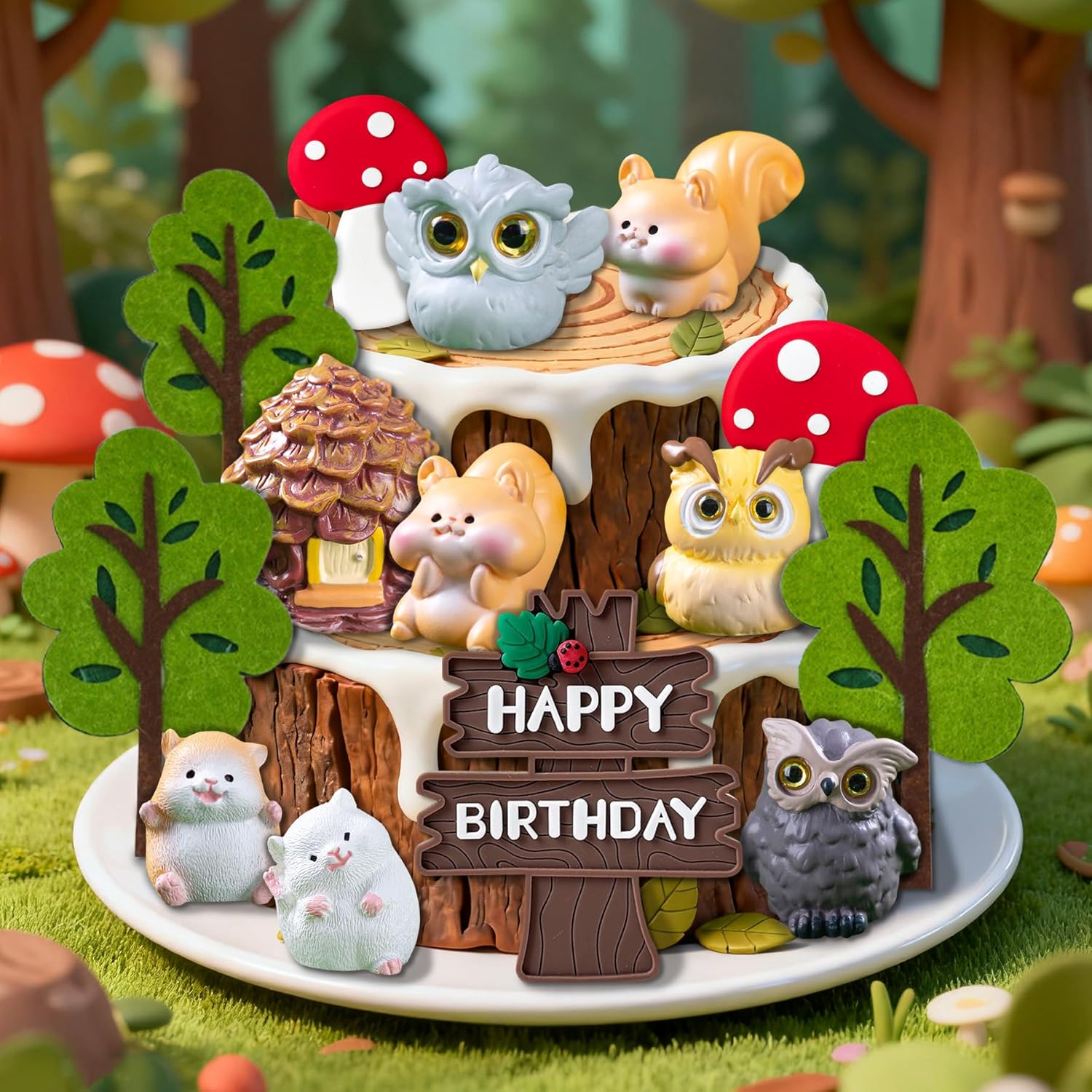 Squirrel Owl Cake Topper Woodland Animal Cake Toppers Woodland Cake Topper Owl Theme Cake Figures Decorations - Image 4