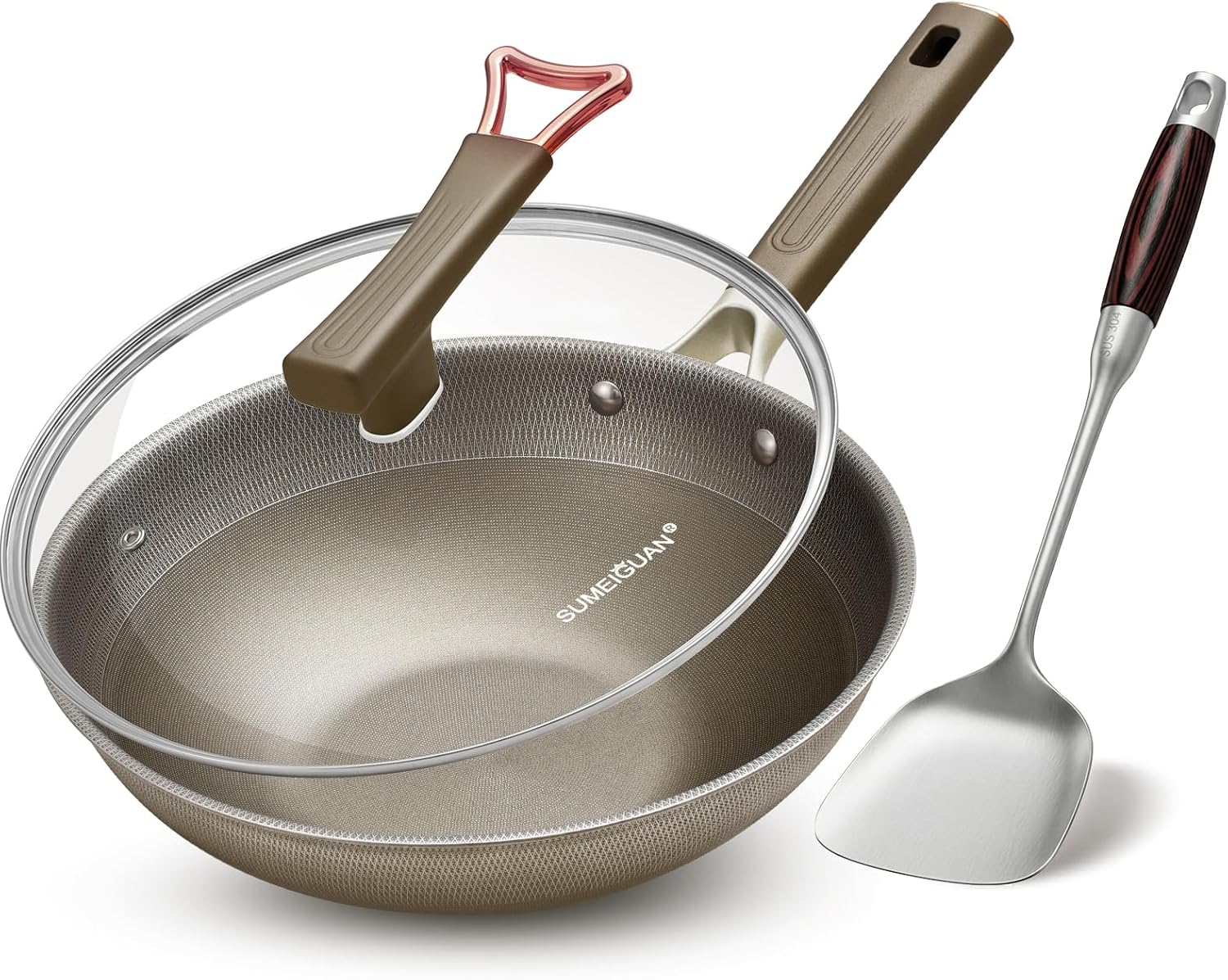 SUMEIGUAN 13-Inch Titanium Non-Stick Wok Pan with Lid | PFAS/PFOA/PTFE-Free, Flat Bottom, Induction Compatible, Dishwasher Safe