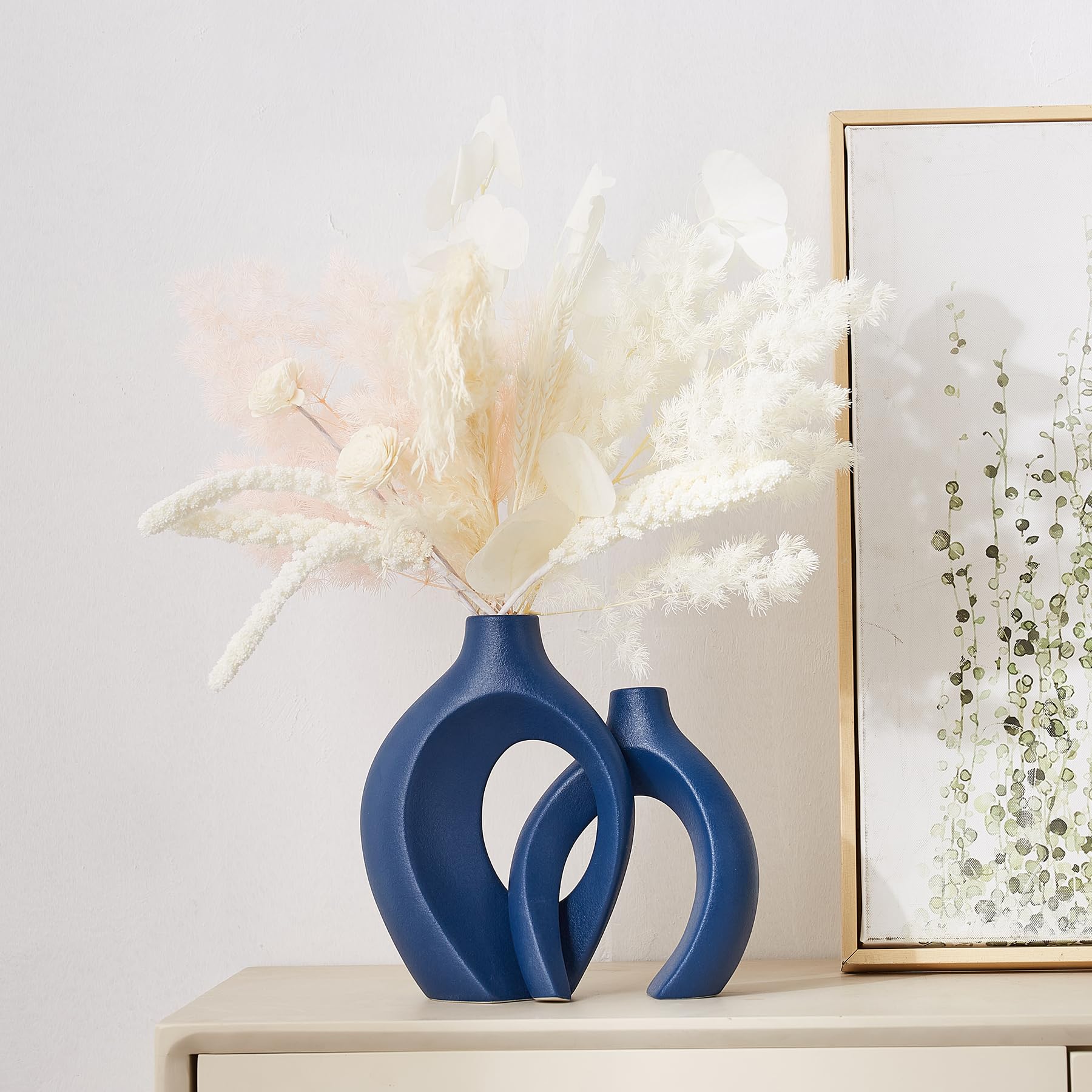 Modern Ceramic Flower Vase Decorative: Blue Ceramic Vases Set of 2 for Home Decor Hollow Crossed Vase Minimalist Boho Vase for Living Room Bedroom Table Centerpieces Wedding Table Decoration