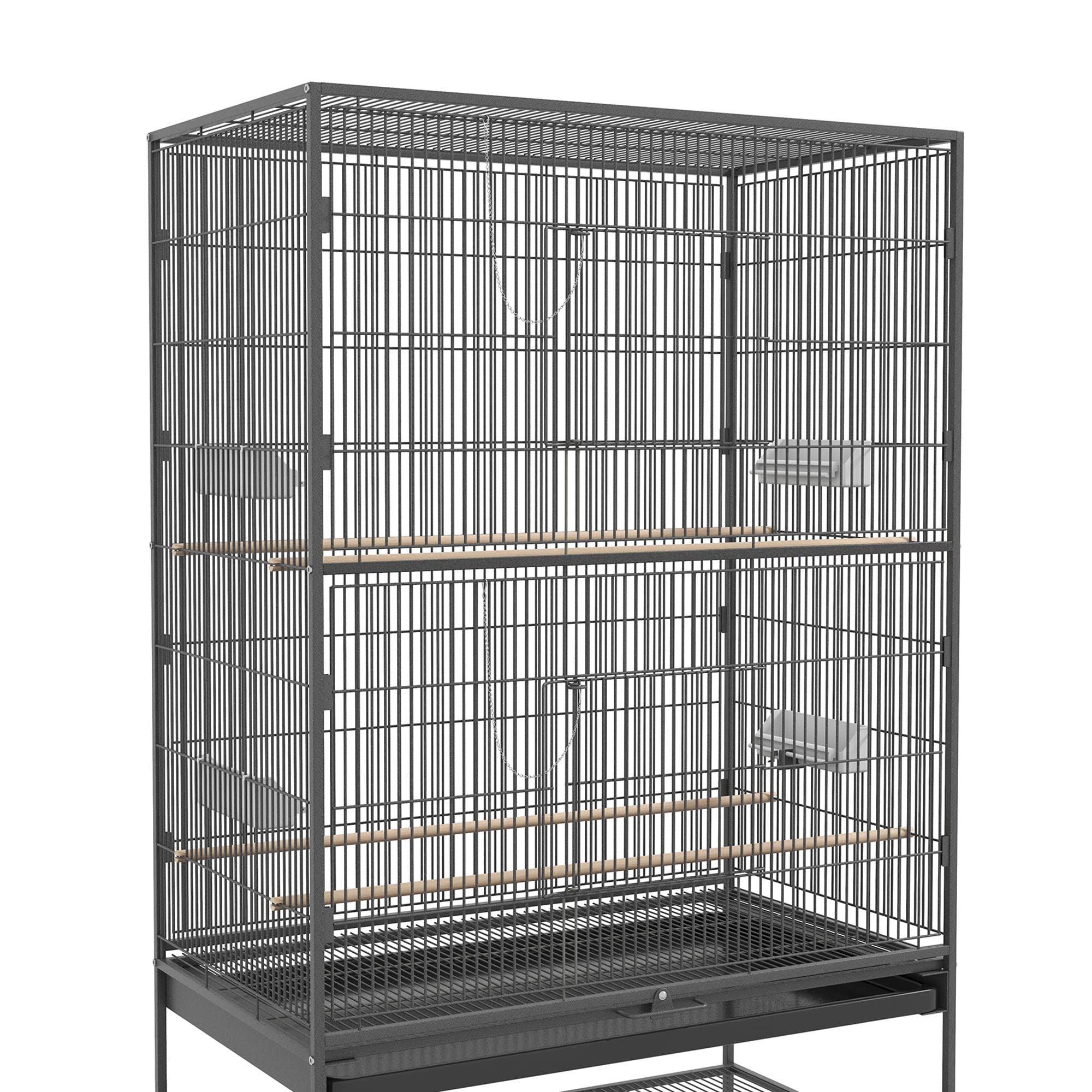 PawHut Klatka ptasia z 2 drzwiami, kółkami dla ptaszków 94x57x153 cm Szara | Woliera, 4 grzędy, miska, wyjmowana tacka, stalowa klatka, dla papug falistych