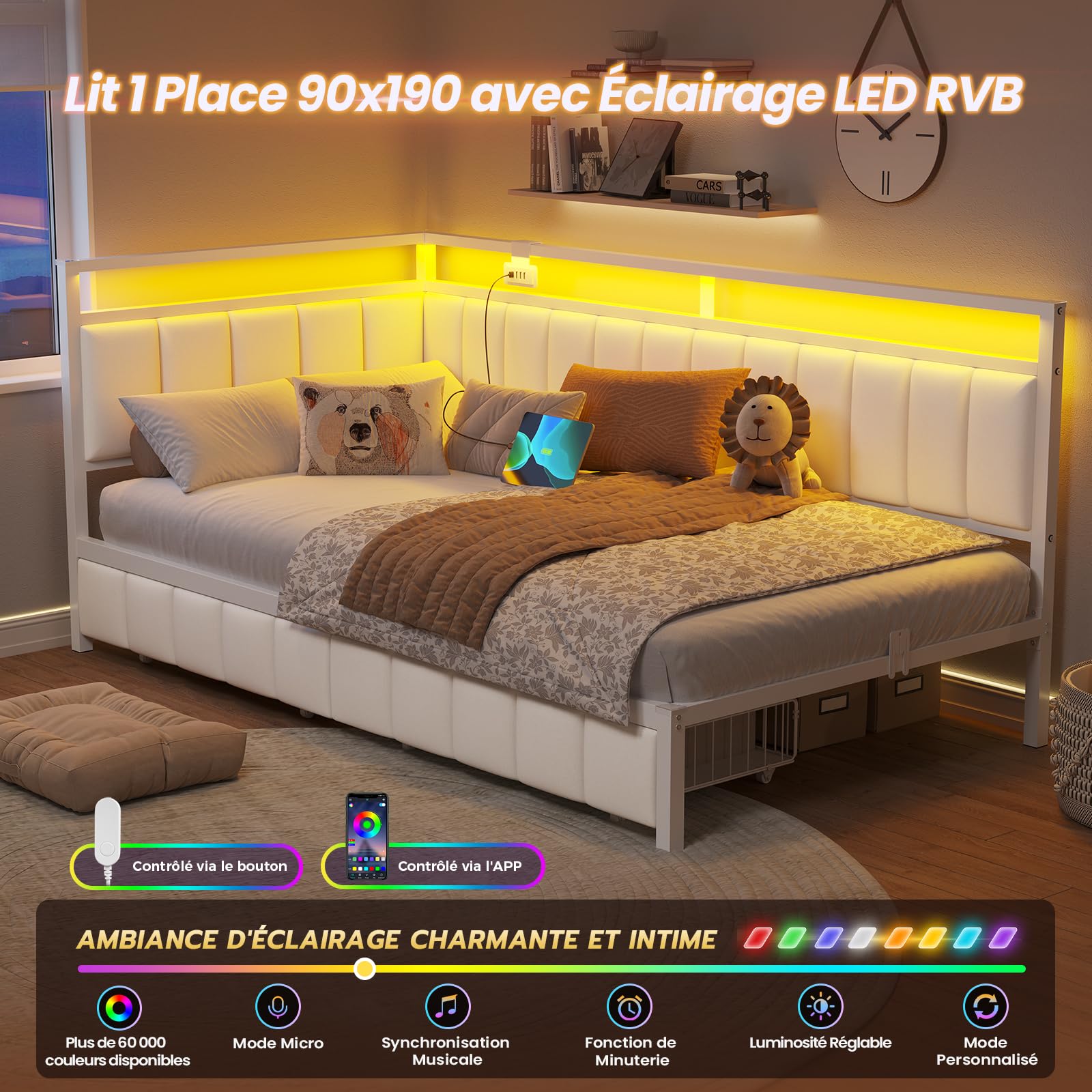 DICTAC Canapé lit 90x190 avec éclairage LED et Prise USB,Cadre de Lits 90x190 avec Sommier à Lattes en métal,Lit Banquette Lits Coffre avec 2 tiroir de Rangement pour Studio/Chambre,Beige-sans Matela