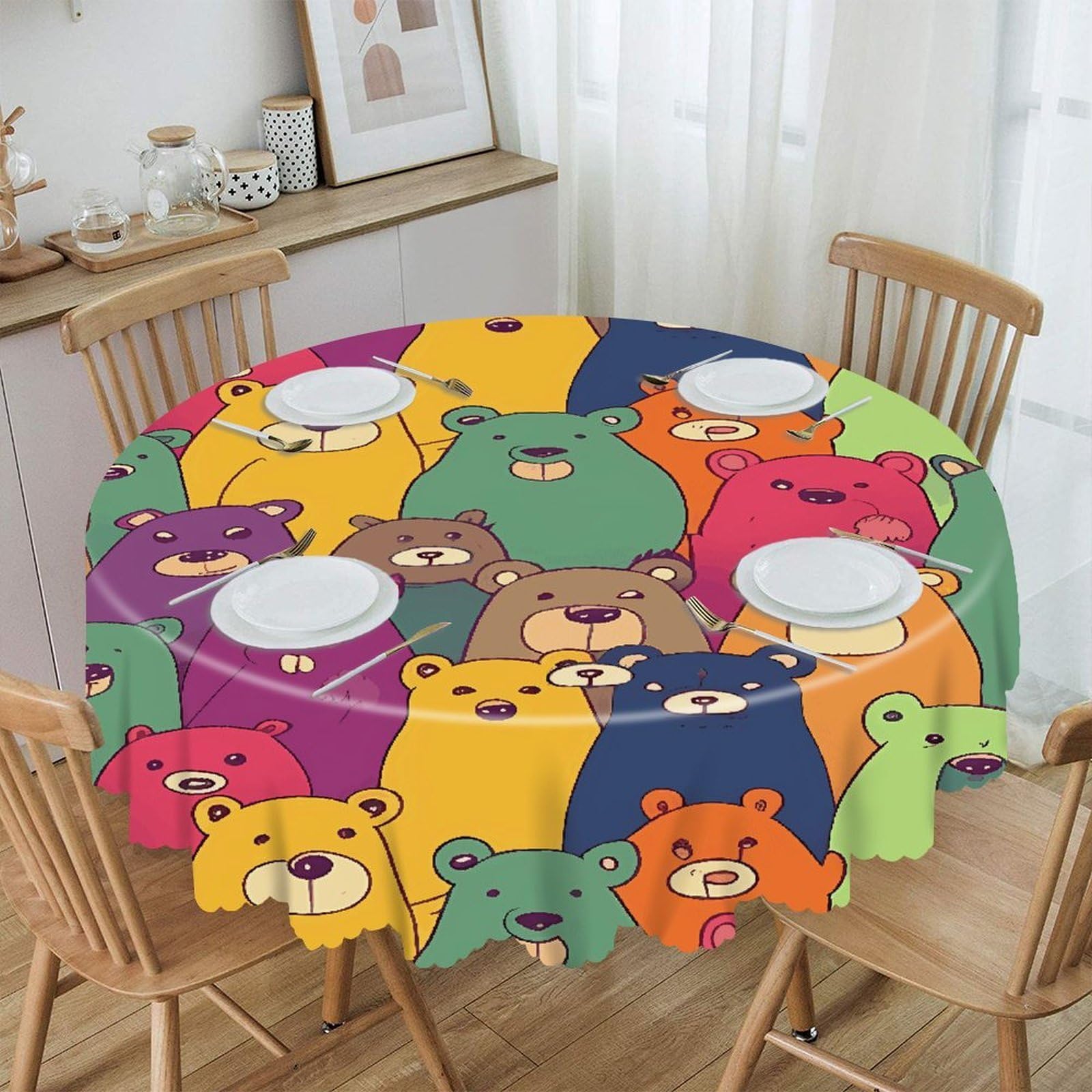 VstaDank Colorful Bears Round Tablecloth Wipeable Round Polyester Tablecloth Waterproof Wrinkle Free Indoor and Outdoor Table Cover 60 Inch Decorative Farmhouse Table Cloth for Dining
