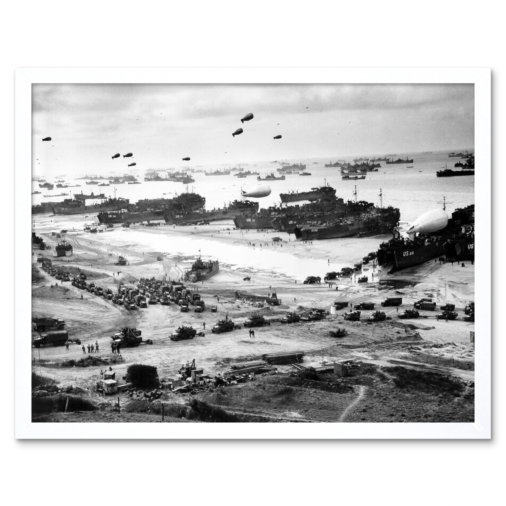 WWII War Us Landing Ships Omaha Beach D-day 1944 Photo Art Print Framed Poster Wall Decor 12x16 inch