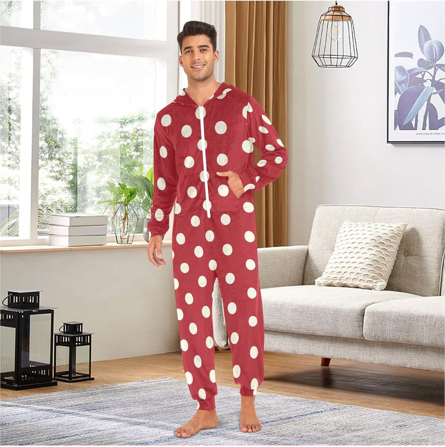 ZZKKO Polka Dots Red Adult Onesie Pajamas for Women Men Cozy One Piece Pajamas Costume Zip-Up Hooded S-XL