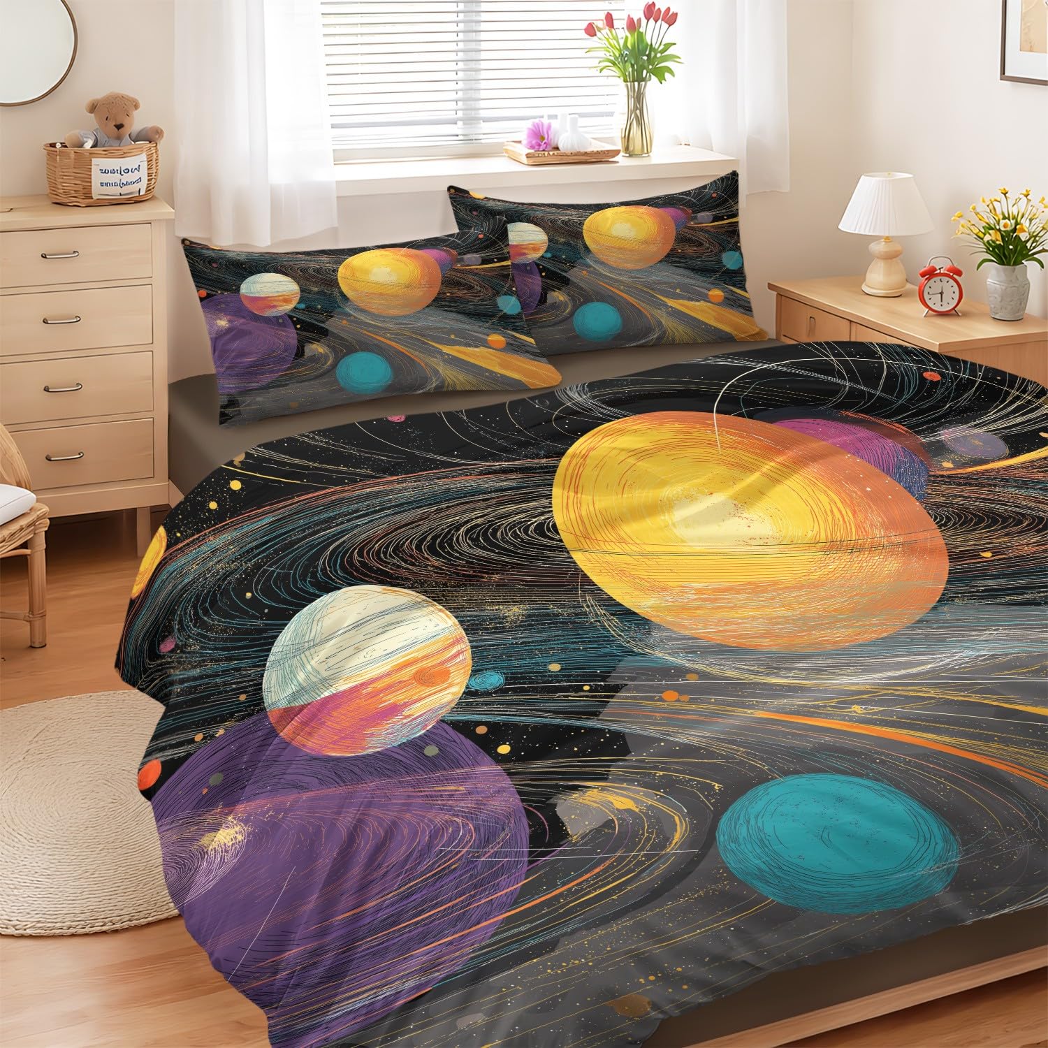 Bedding set 140 x 200 cm amusant avec drap-housse orbite et planètes