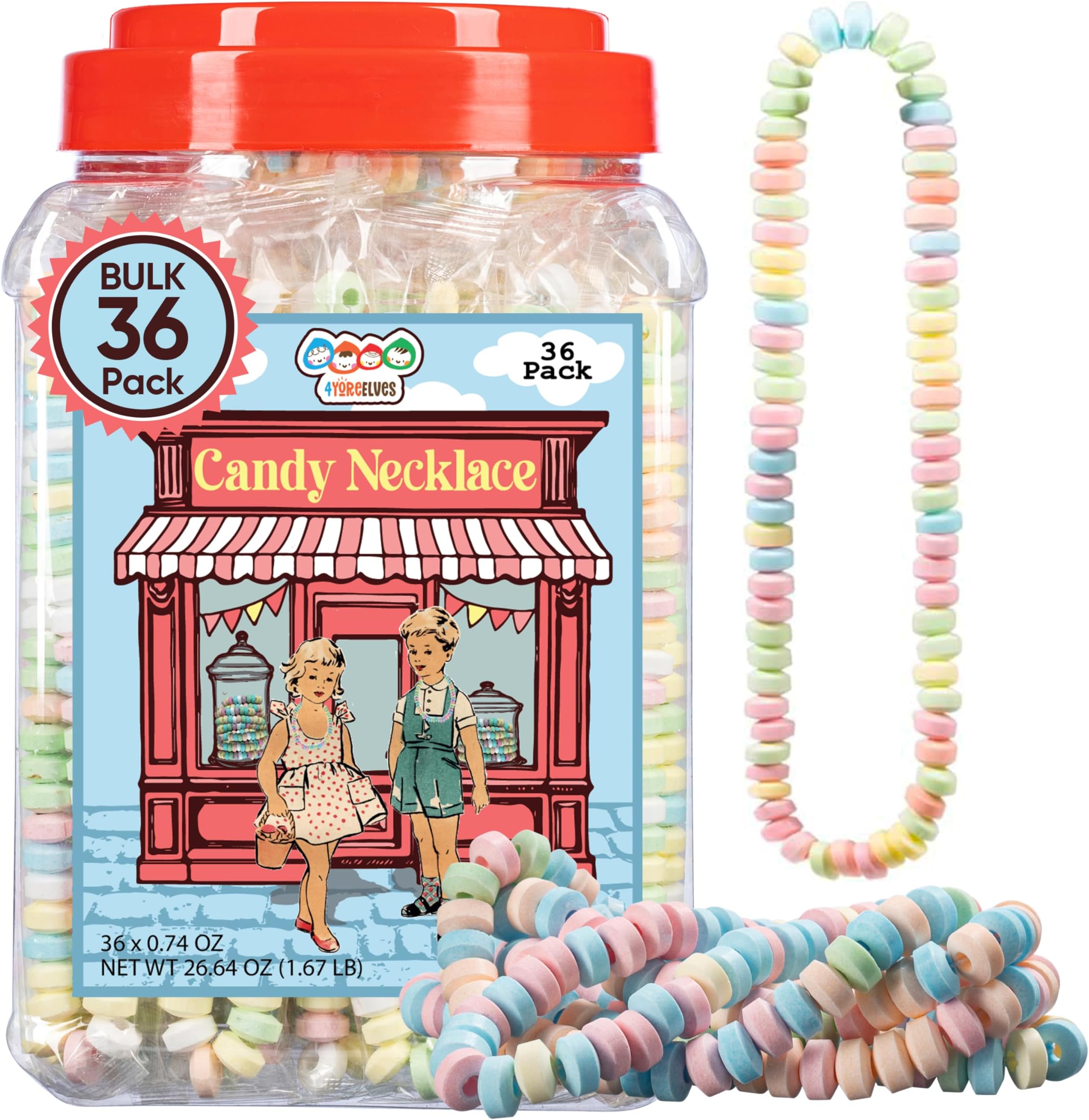 36 Candy Necklaces Individually Wrapped, Easter Candy, Choker Style Nostalgic Pastel Candy Jewelry Perfect for Party Favors, Pinata Fillers and Goodie Bags, Packed in a Convenient Display Tub, By 4YoreElves