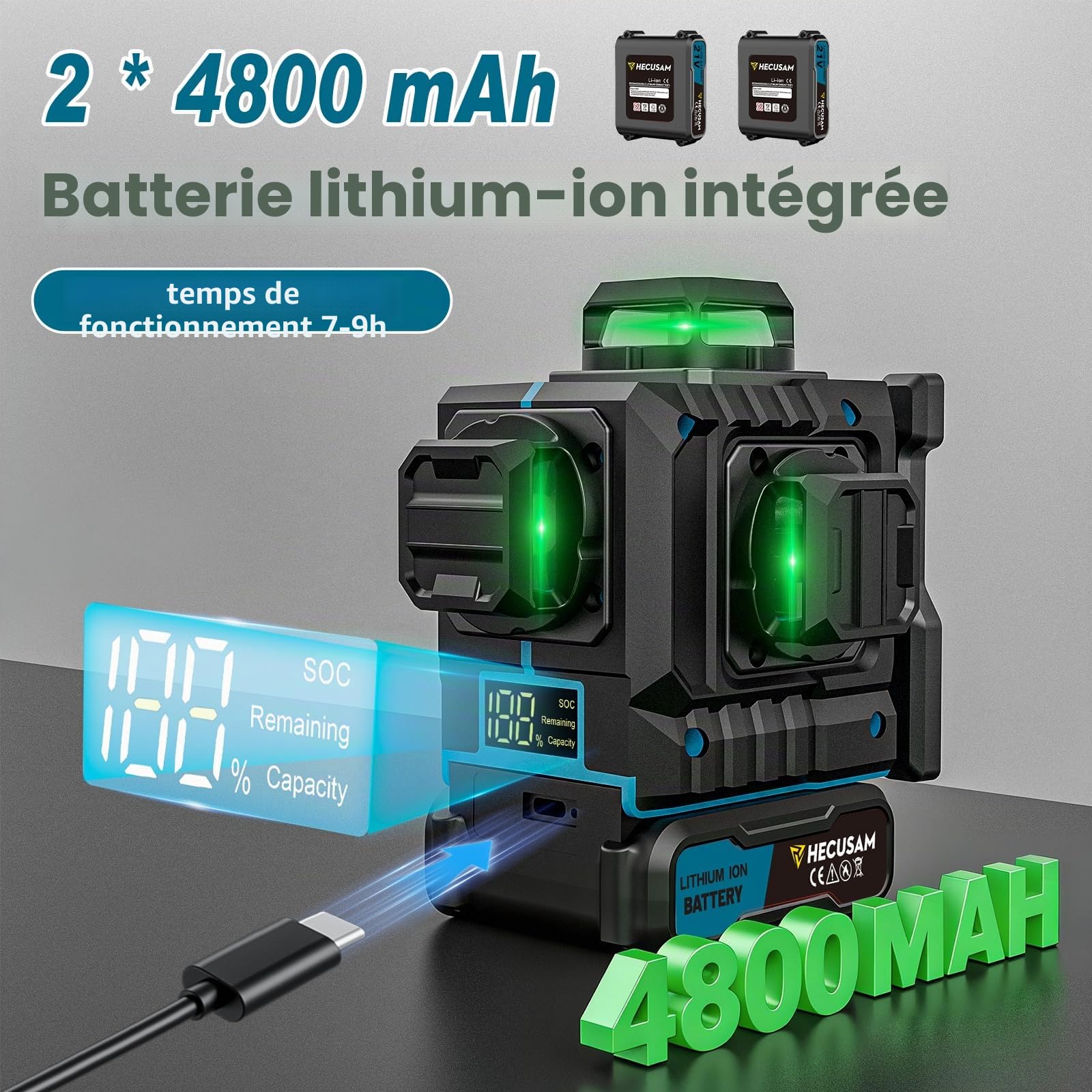 Niveau Laser Avec Trepied, Niveau Laser Chantier Autonivelant 4×360°, Laser à Lignes Continues Avec FenêTre De Rotation à 360°, Batterie 2×4800 mAh, Indice IP54 Pour Bâtiment, Carrelage