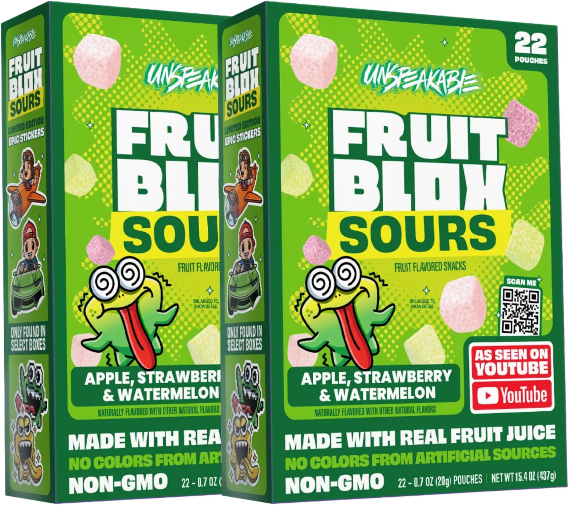 Fruit Blox Sours Blue Raspberry & Cherry Fruit Snacks, 2 Boxes of 22 Pouches, Non-GMO, Made with Real Fruit Juice (Apple, Strawberry & Watermelon)