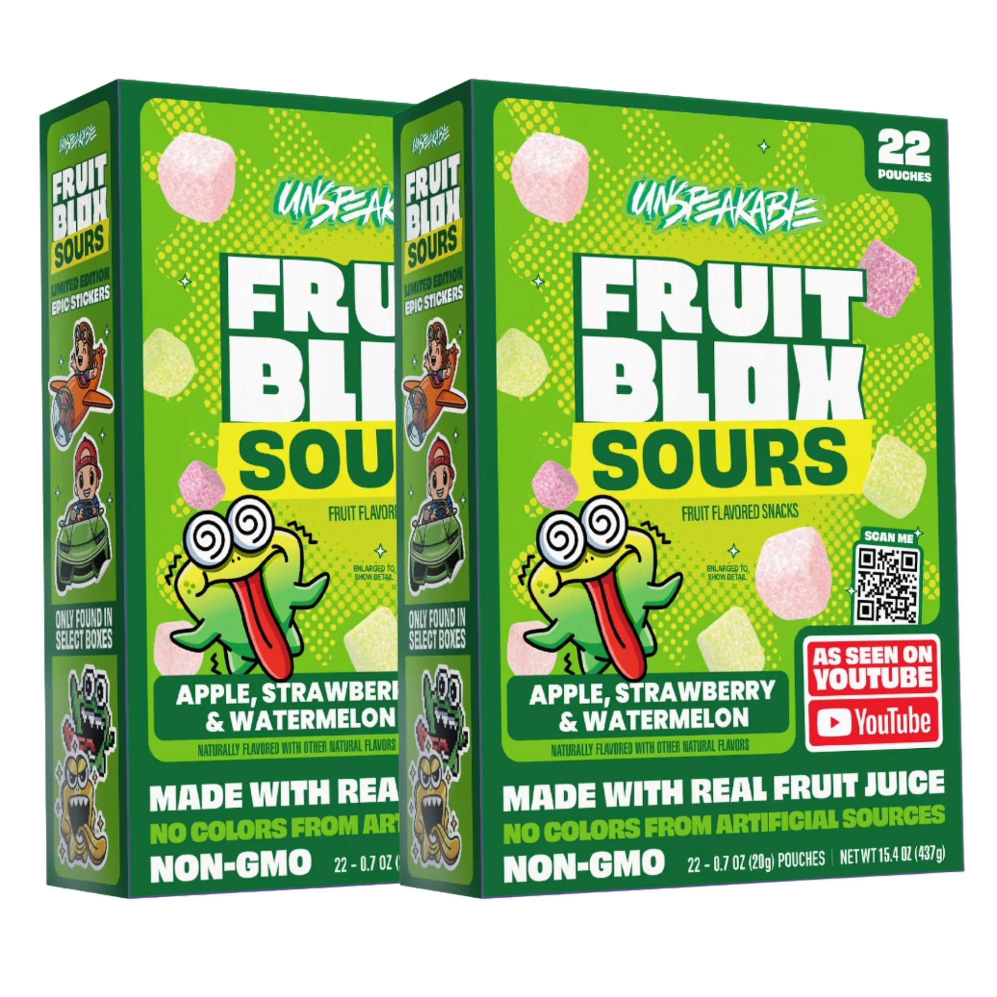 Fruit Blox Sours Blue Raspberry & Cherry Fruit Snacks, 2 Boxes of 22 Pouches, Non-GMO, Made with Real Fruit Juice (Apple, Strawberry & Watermelon)