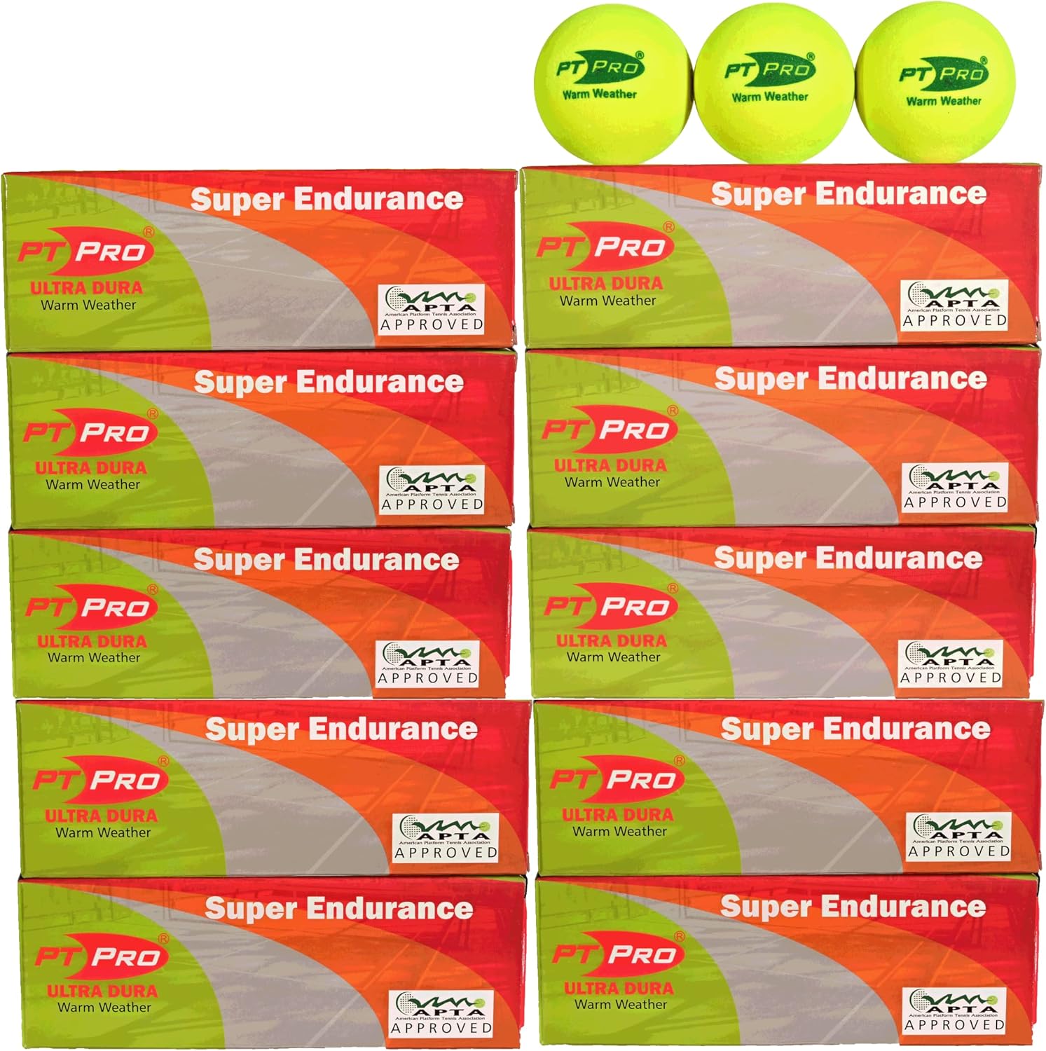PT Pro New Ultra Dura Platform Tennis Summer Balls, 30 Balls, 10 Sleeves
