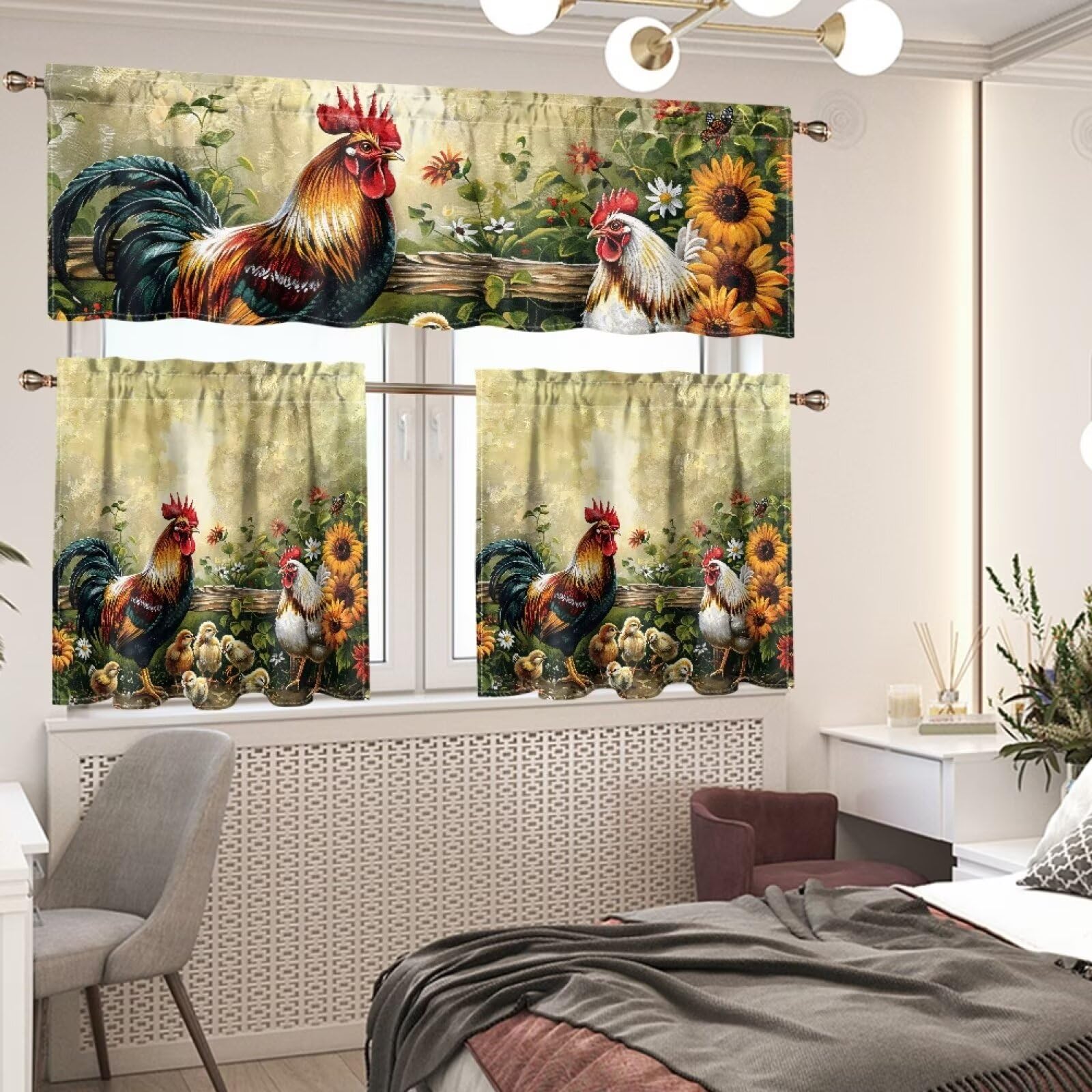 Qehuruxo Chicken Print 3 Piece Kitchen Blackout Curtains Elegant Curtains Tier and Valance Window Curtains Set Curtain Sets with ValanceWindow Valances for Bedroom