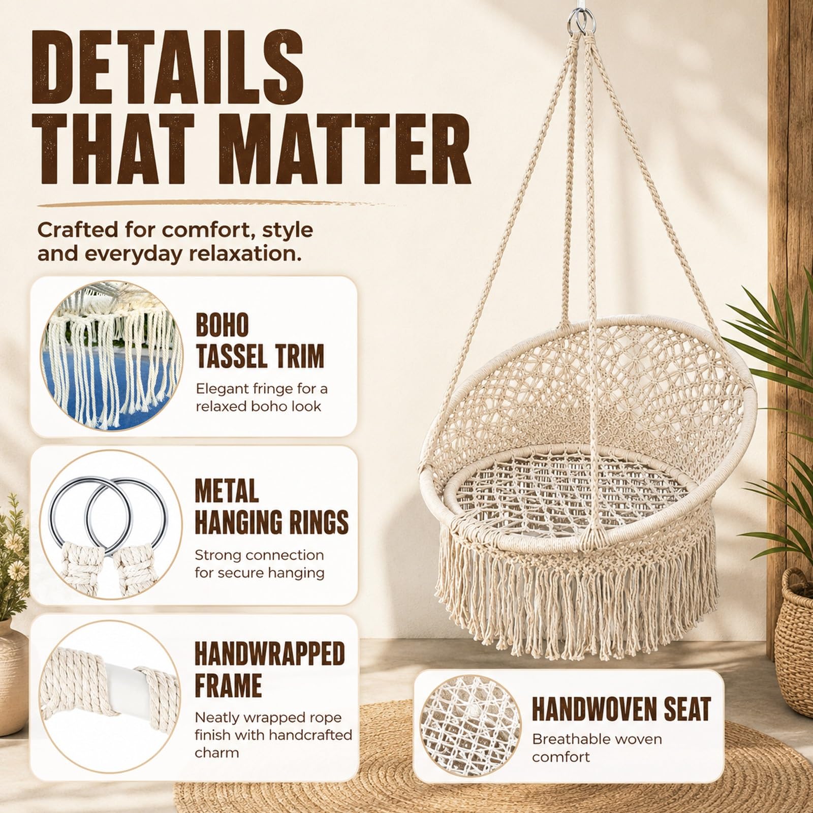 Fauteuil suspendu en macramé, chaise hamac intérieur extérieur terrasse