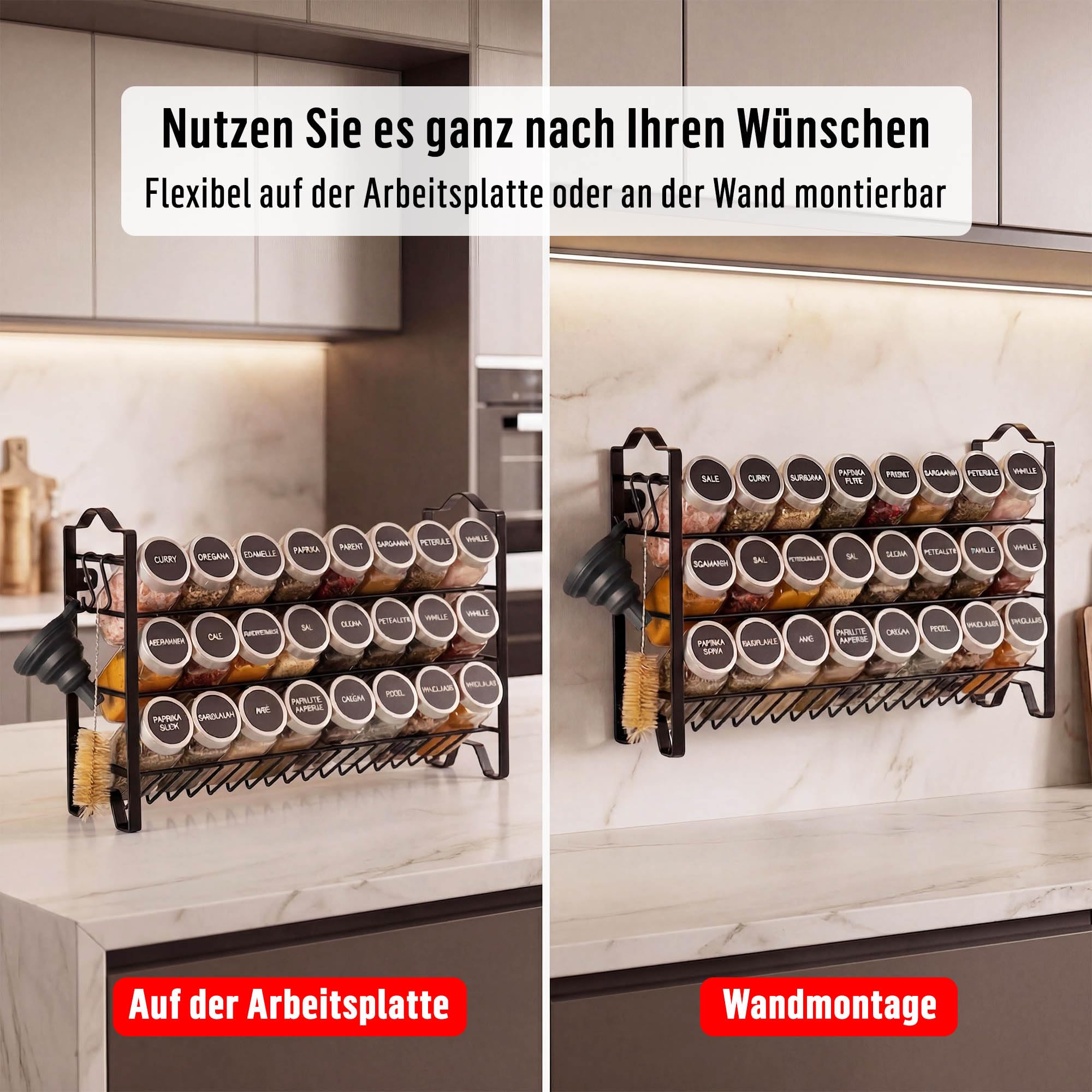Deco haus® Gewürzregal Stehend & Wand [MIT GEWÜRZDOSEN & ETIKETTEN] - Spices Gewürz Organizer - Spice Rack - Gewürzständer - Gewürzregalsystem Hängend - Gewürzaufbewahrung - Gewürzgläser mit Regal