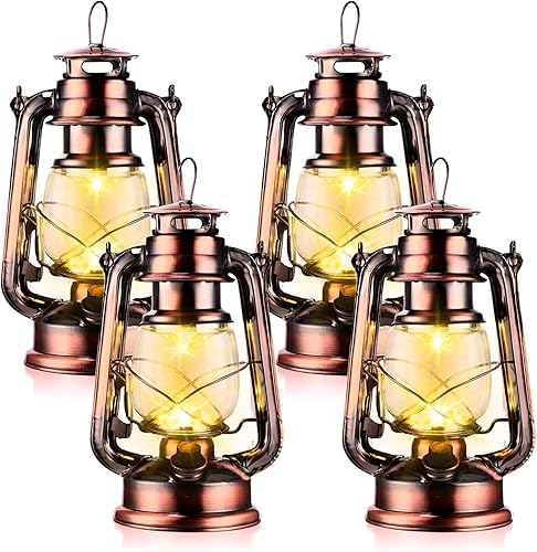 Aurelema 4 faroles LED vintage de huracán de 10 pulgadas, 15 LED cálidos, interruptor de atenuación de linterna, funciona con pilas, farol colgante