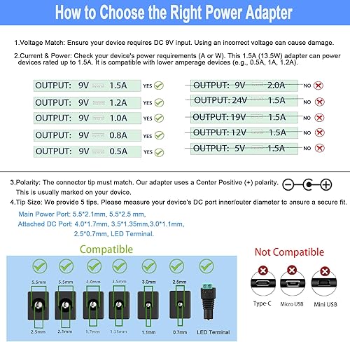Miniatura 5 de Fuente de alimentación de 9V 1.5A Cable de alimentación CC 9V, 110-240Vac a CC 9Vlot 1A Adaptador de CA DC Plug Center Positive, para DC9V Arduino