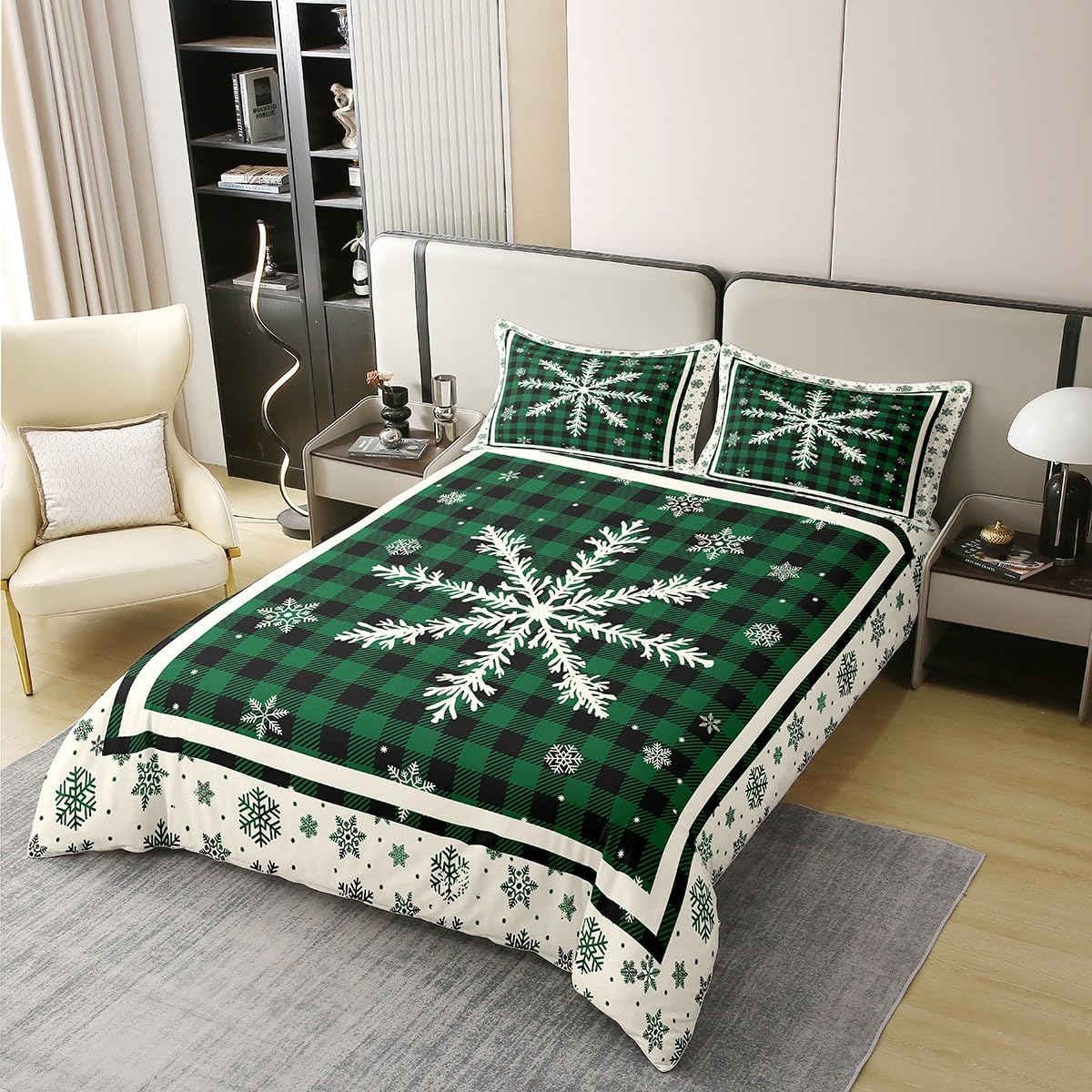 Erosebridal Christmas Pure Cotton Duvet Cover King Size,Dreamy Sparkle Winter Snowflakes Soft Comfy Bedding Set,Geometric Buffalo Plaid Comforter Cover,Snowflakes Flower Print Quilt Cover