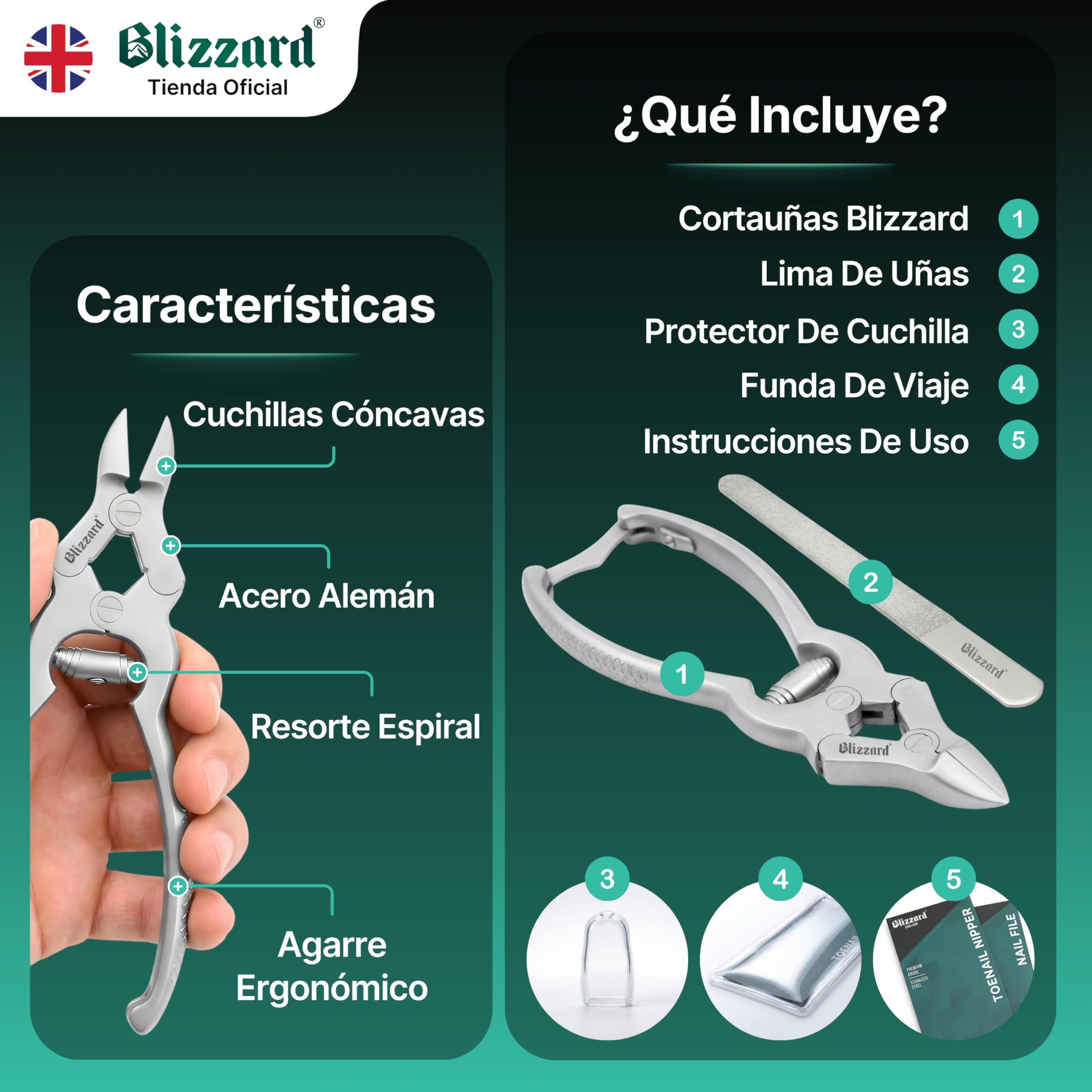 Blizzard Alicates Cortauñas Profesional para Pies - Corta Uñas de Alta Resistencia Triple Articulación para Uñas Gruesas y Encarnadas Acero Inoxidable Grado Podología con Lima - 15cm Resorte Espiral