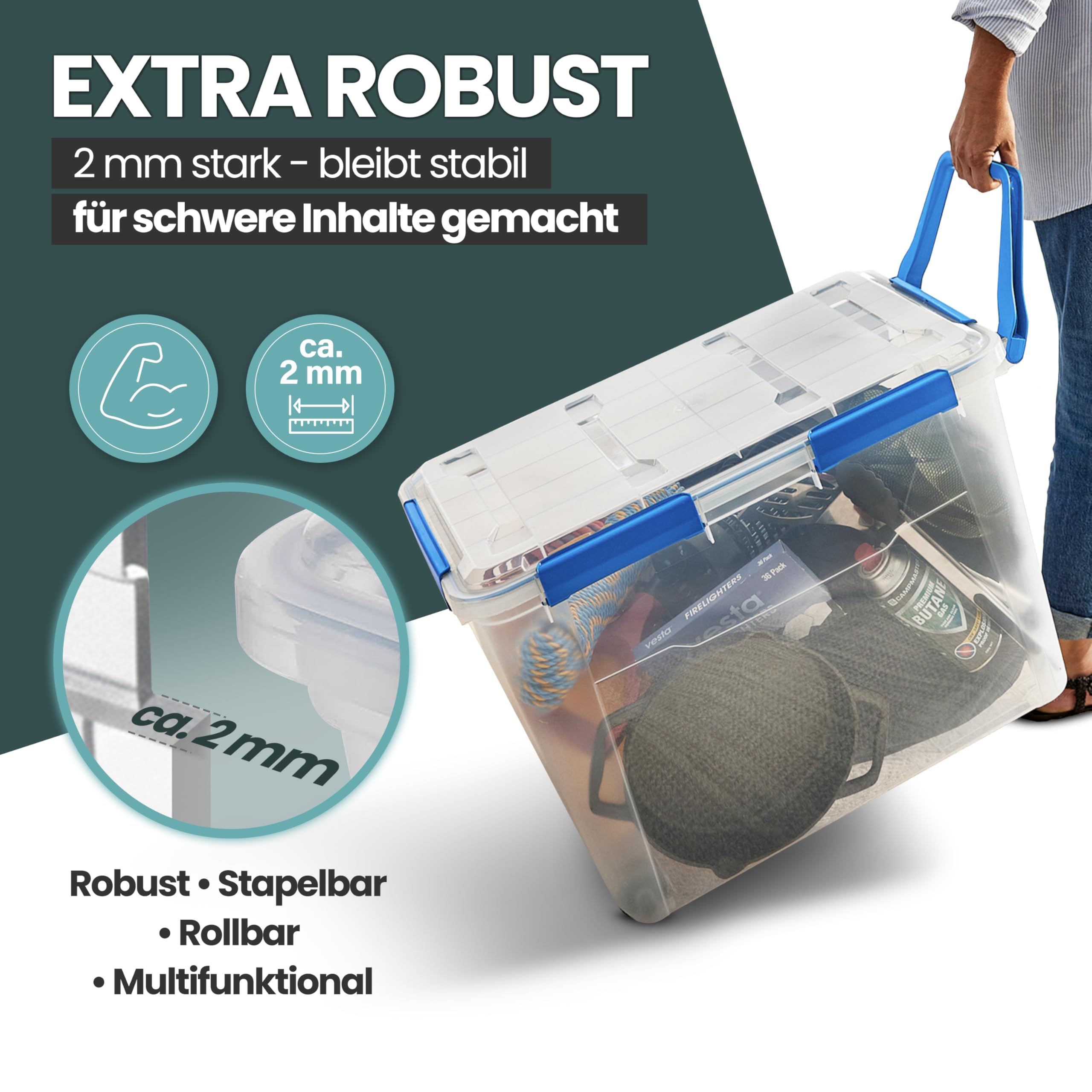 Kreher® Wasserdichte Aufbewahrungsbox Rollbox Transportbox (IP67) mit Deckel und Rollen. Aus robustem Kunststoff mit praktischen Transportgriff. 100 Liter Volumen. Staub- und Nässegschützt. (1)