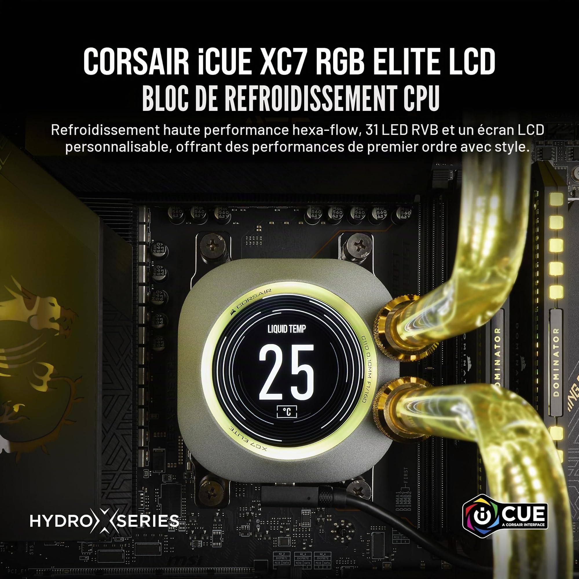 CORSAIR XC7 RGB ELITE LCD Waterblock pour Processeur - Écran LCD 480x480-31 LED RGB - USB-C - Compatible avec Intel LGA 1700, AMD AM5 et plus - Gris Furtif