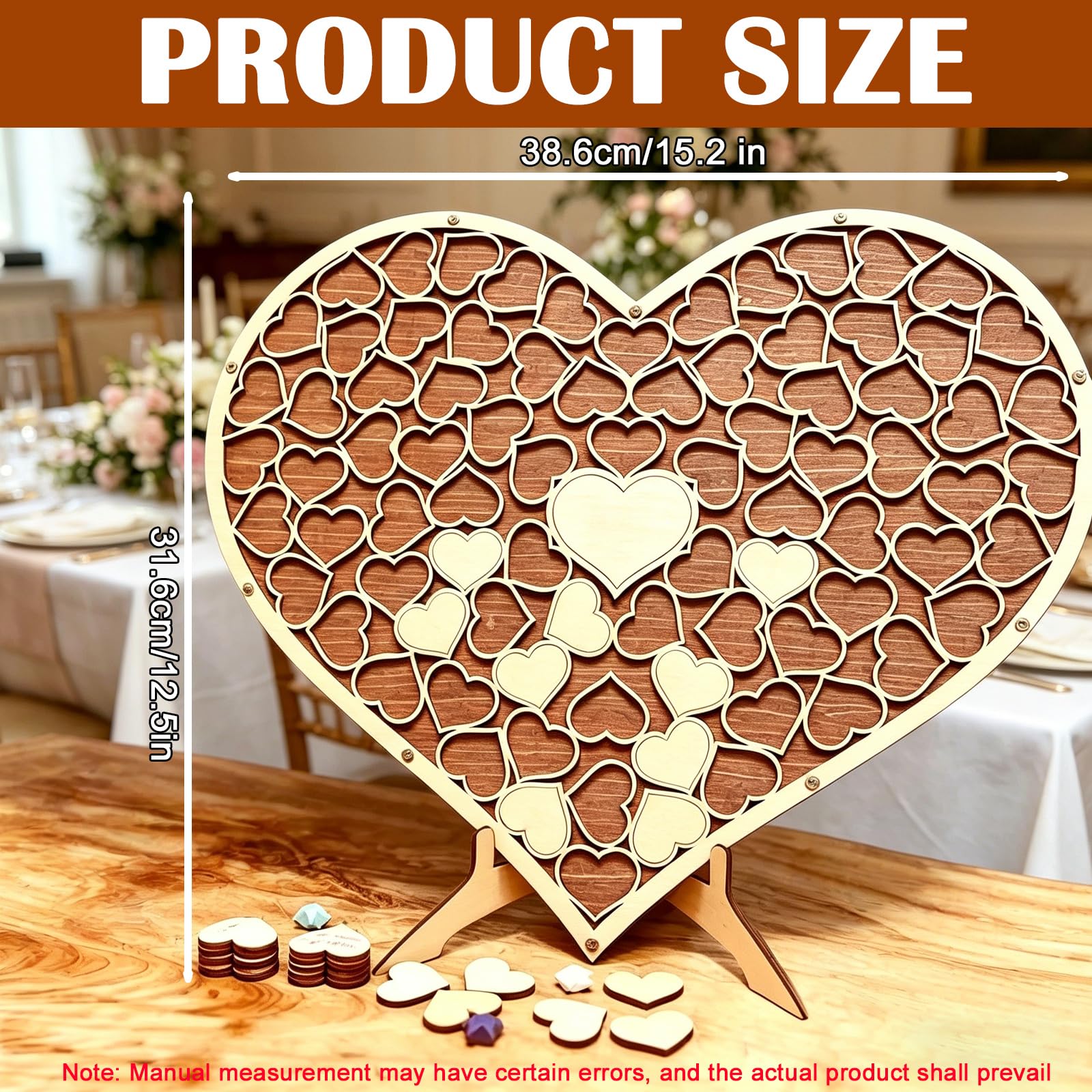 Libro de visitas de boda, libro de visitas de madera con 84 corazones y base de madera, personalizado, forma de corazón, libro de visitas alternativo, libro de visitas de boda, para fiestas