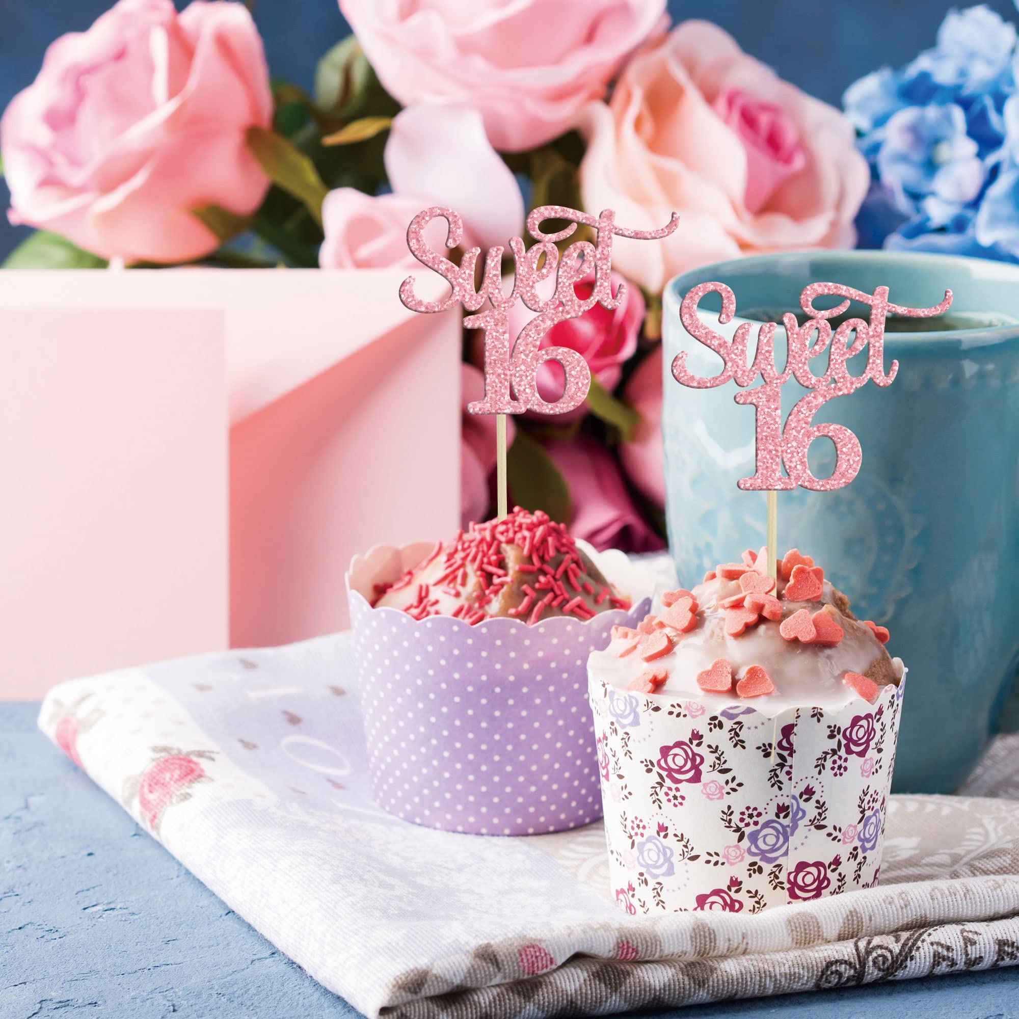 Gyufise Happy Sweet – 24 Decorazioni Glitterate Per Cupcake Per 16° Compleanno, Rosa, Con Stecchino, 6,1x11,2 Cm