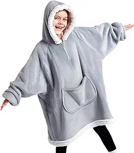 Giggling Getup Wearable Blanket Hoodie for Girls and Boys Sherpa Fleece Hooded Blanket Sweatshirt Warm Cozy Sherpa Wearable Throw Oversized Hoodie with Giant Pocket & Sleeves for Kids Gray