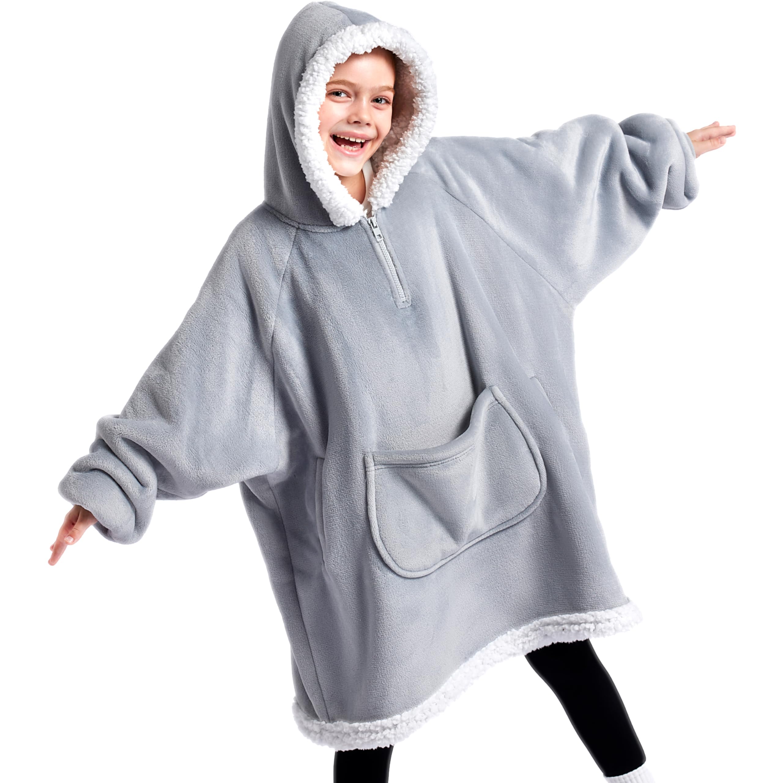 Giggling Getup Wearable Blanket Hoodie for Girls and Boys Sherpa Fleece Hooded Blanket Sweatshirt Warm Cozy Sherpa Wearable Throw Oversized Hoodie with Giant Pocket & Sleeves for Kids GrayOEKO-TEX STANDARD 100