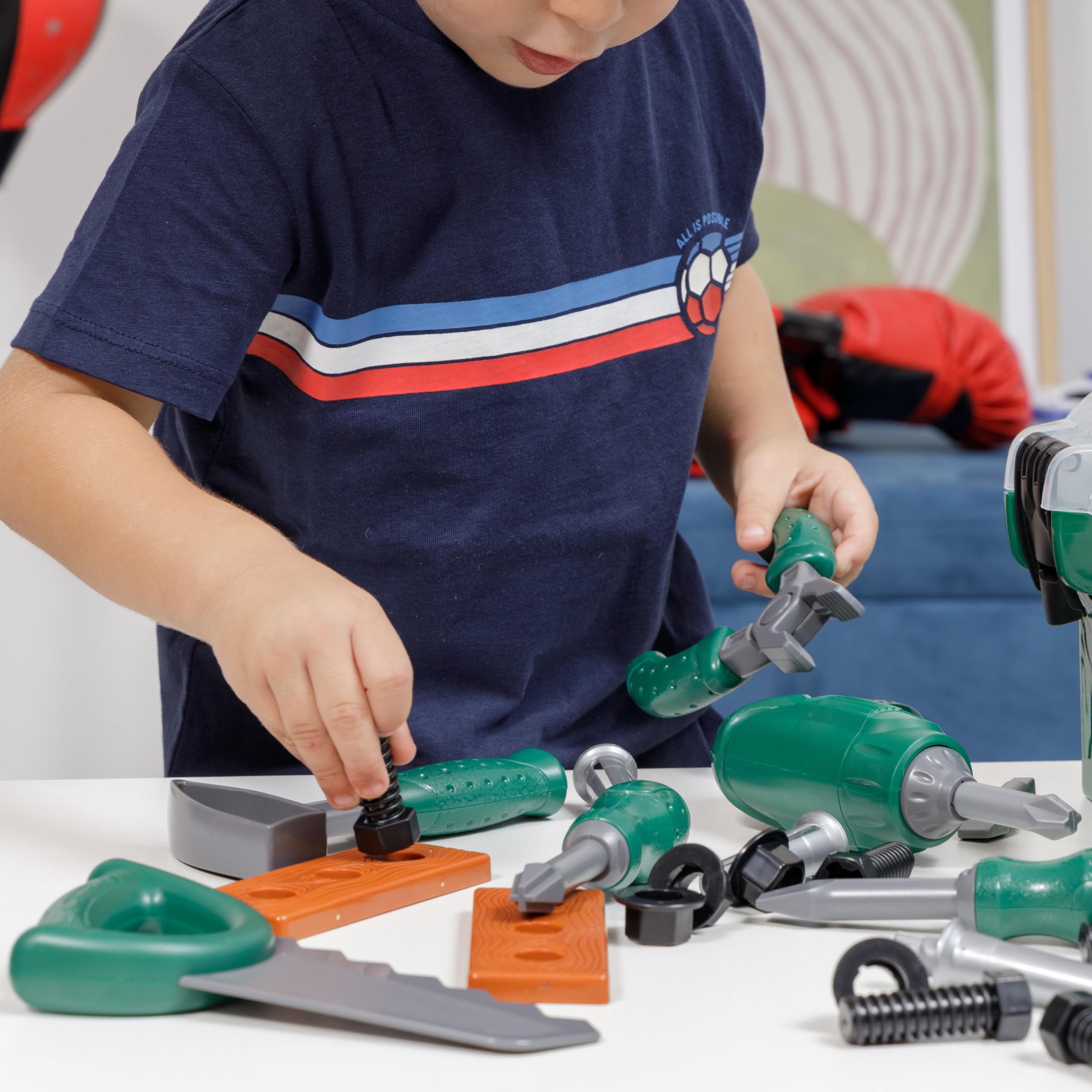 Baroni Toys Cassetta degli Attrezzi per Bambini, Attrezzi Giocattolo con Trapano Elettrico, Gioco di Ruolo Utensili da Lavoro da Bambino, Kit da Meccanico e Falegname 3 4 5 6 7 Anni, 31x14x15 cm