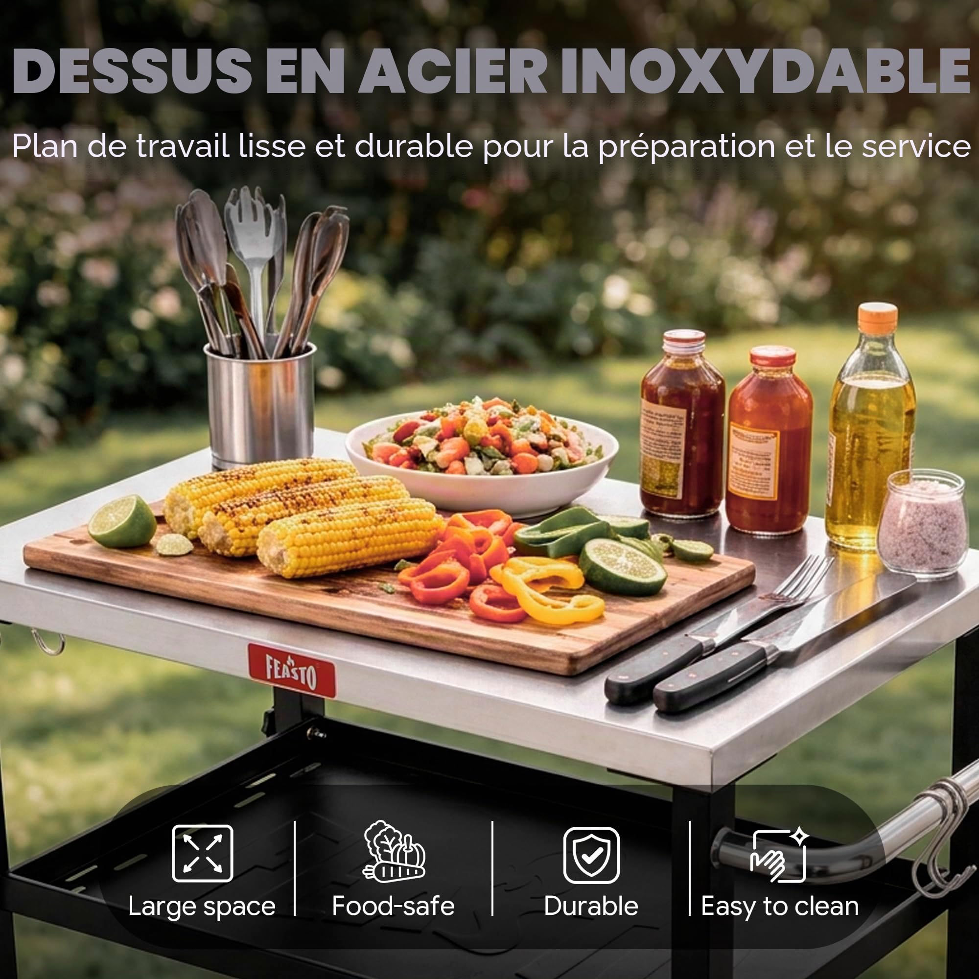Feasto Table de Grill à 3 étagères, Support de Four à Pizza avec étagère réglable, Chariot de Barbecue Mobile, pour extérieur, Chariot de Bar avec roulettes, Plateau en Acier Inoxydable, 86,4 x 40,6