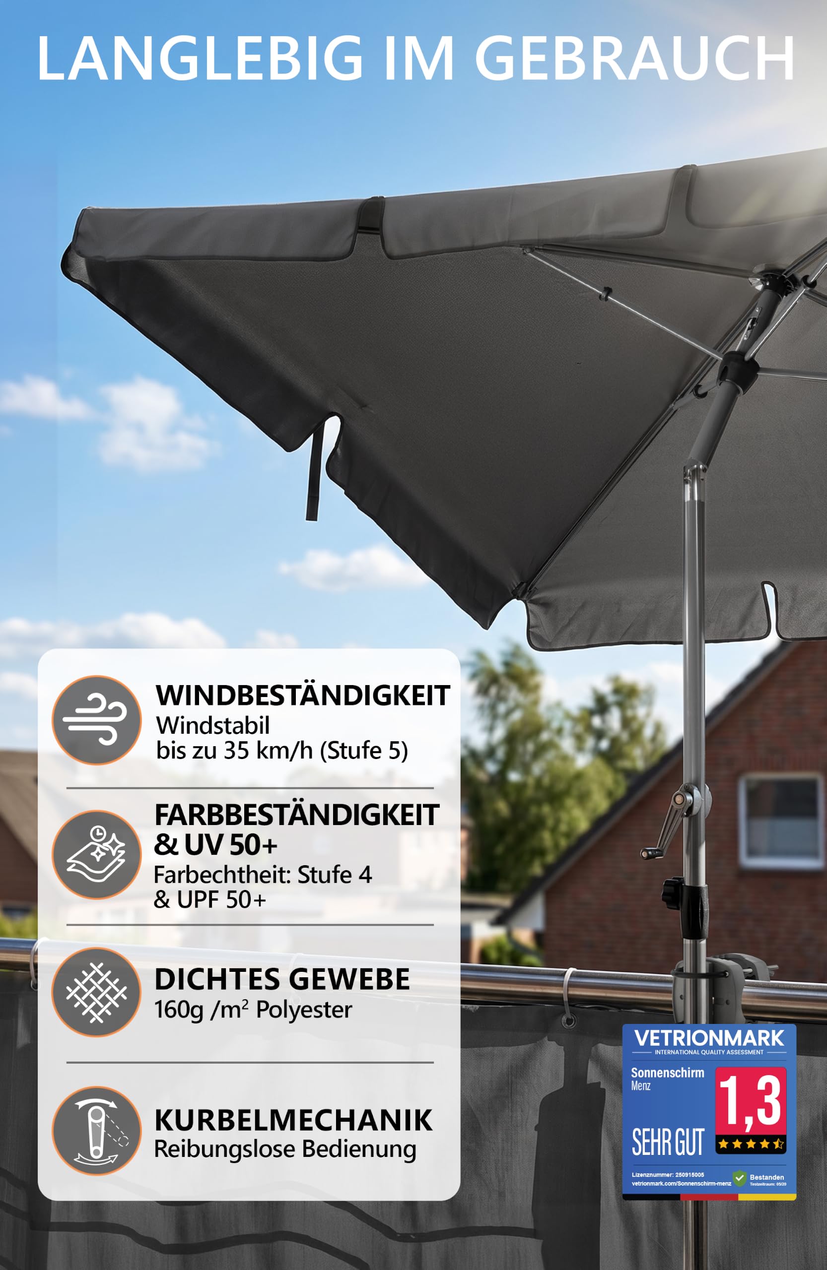 Menz Balkonschirm mit Kurbel, Sonnenschirm rechteckig 200x125 cm, Sonnenschirm Balkon, UV 50+ Sonnenschutz Balkon mit Schutzhülle mit Kurbel, knickbar und höhenverstellbar, Anthrazit