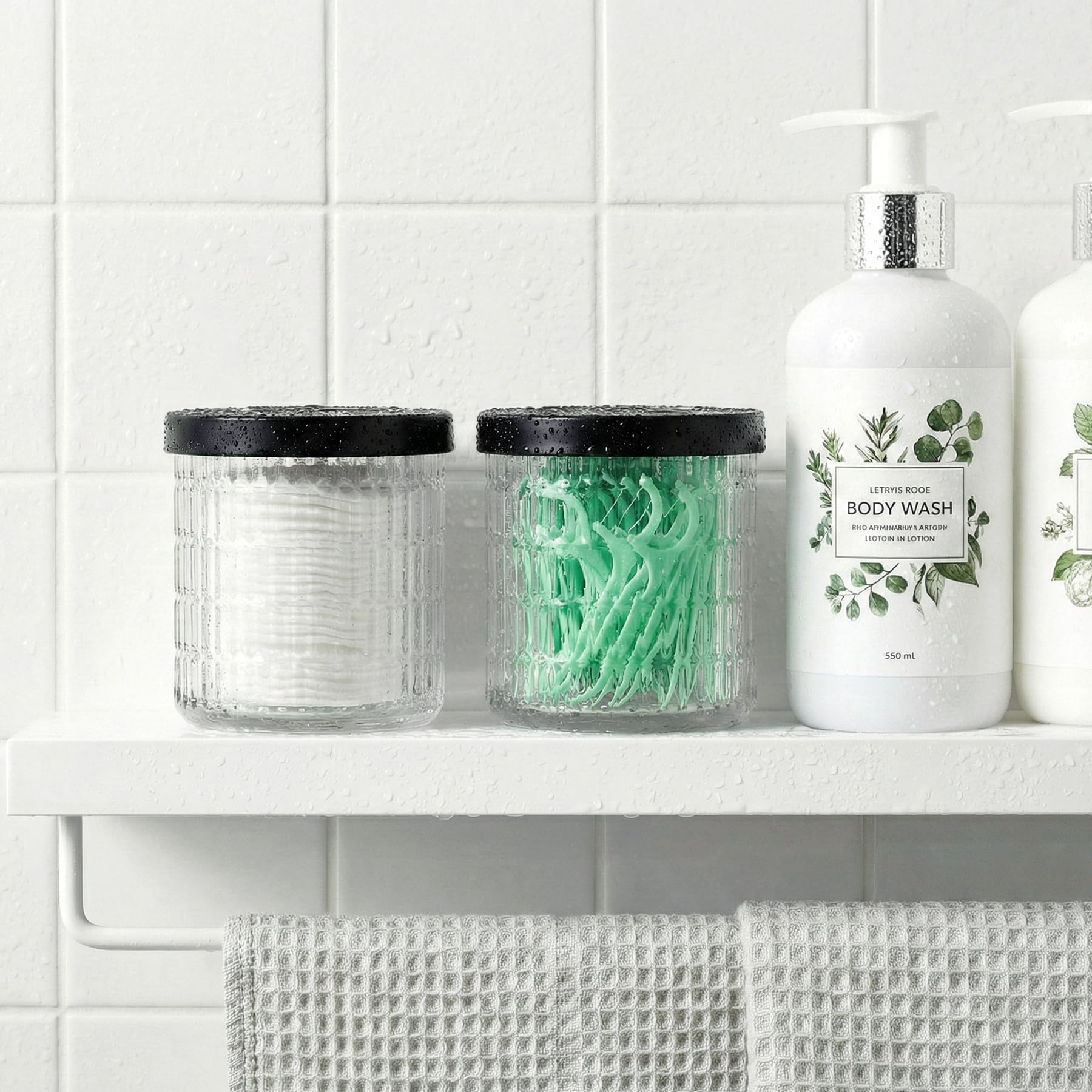 2 Pack Qtip Holder Bathroom Set - Glass Apothecary Jars with Lids Canisters for Cotton Balls Swabs Floss