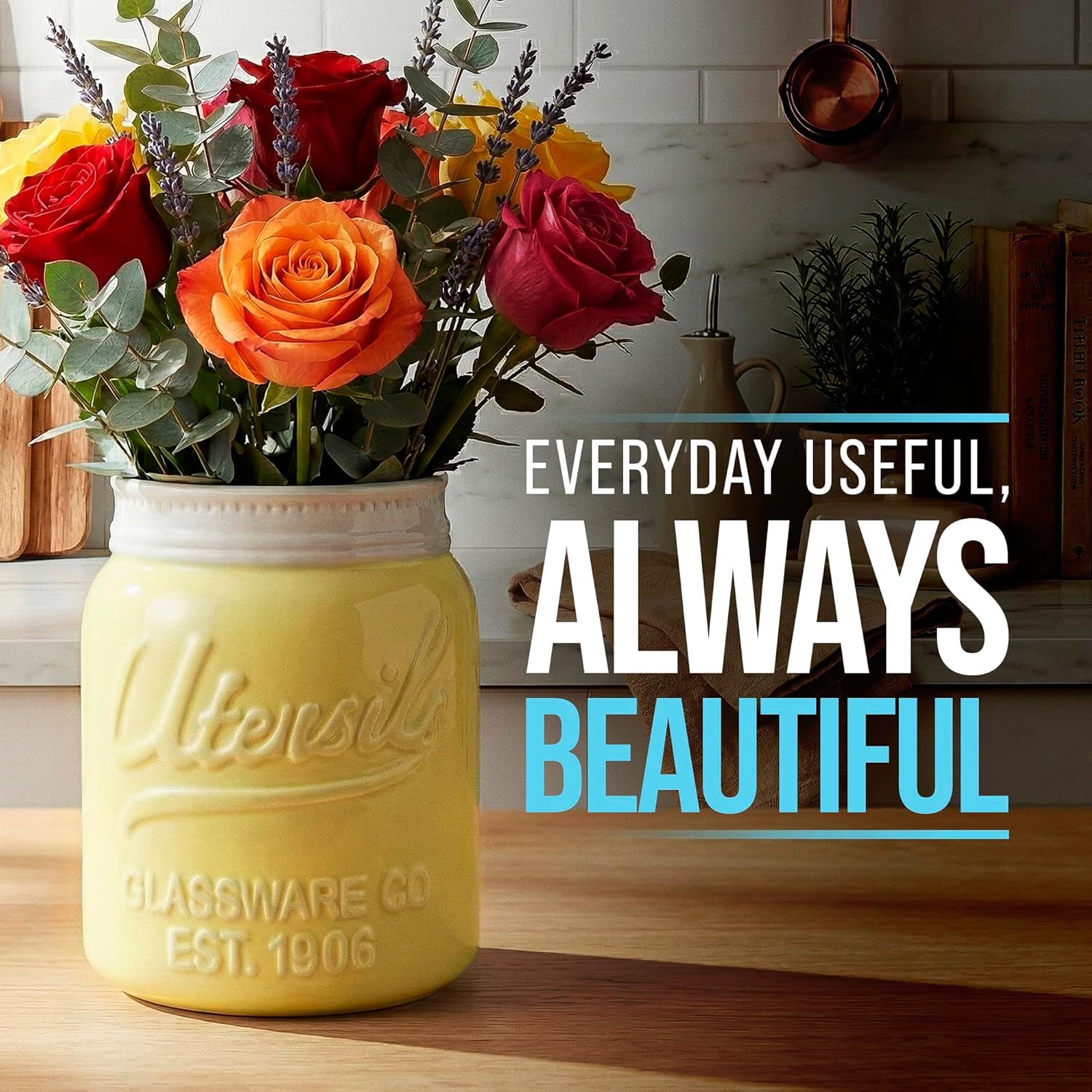 Comfify Wide Mouth Mason Jar Utensil Holder Decorative Kitchenware Organizer Crock, Dishwasher Safe - Kitchen Caddy Green, Large Size 7" High - Yellow