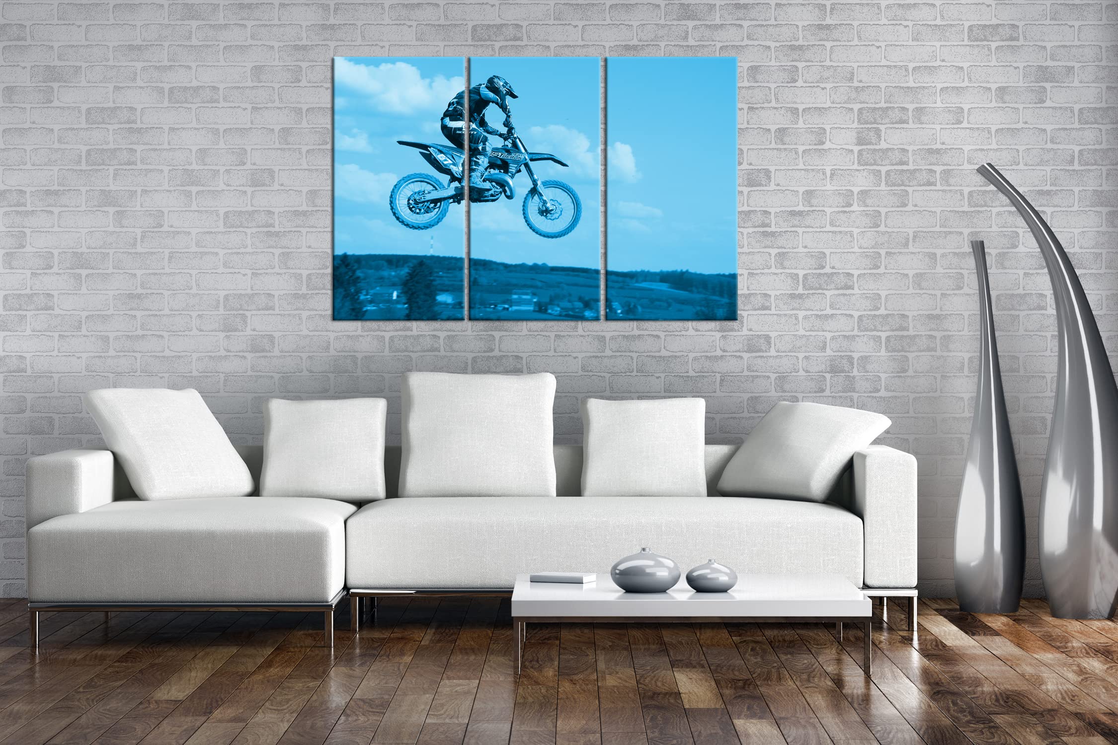 Motocross Stunt Effetto: Disegno su Tela già incorniciata su Cornice in Vero Legno, Stampa Digitale di Alta qualità con Telaio, nessun Poster o Poster, Stampa su Tela, Dreiteilig (120x80)