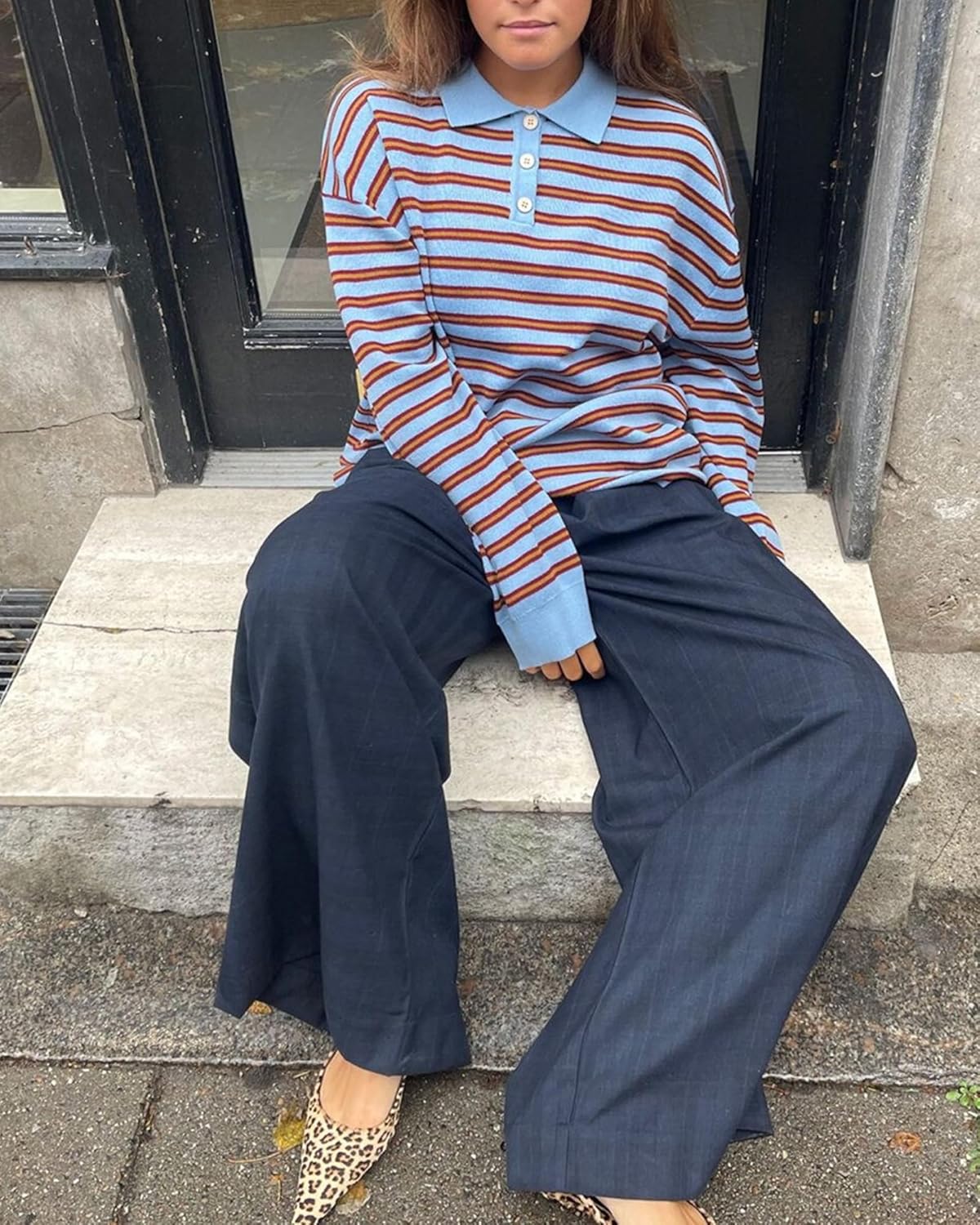 Women Y2K Oversized Striped Polo Sweater Vintage Aesthetic Preppy Knit Pullover Tops Long Sleeve Golf Rugby Sweater - Image 3