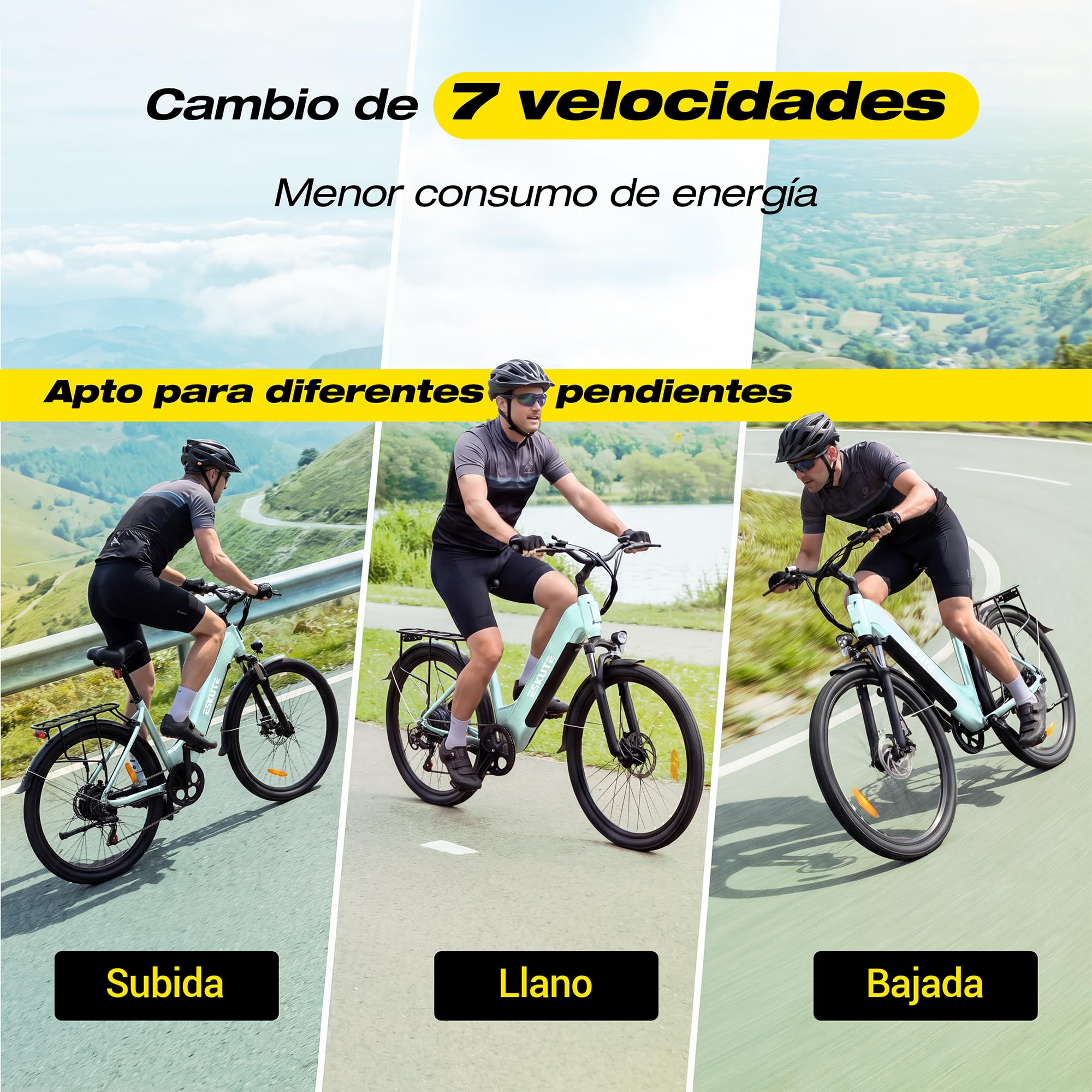 ESKUTE C202 - Bicicleta eléctrica de 48 V y 17,5 Ah, para adultos de 26 pulgadas, batería extraíble, bicicleta eléctrica de ciudad para viajeros, cambio de 7 velocidades, 25 km/h, autonomía hasta 110
