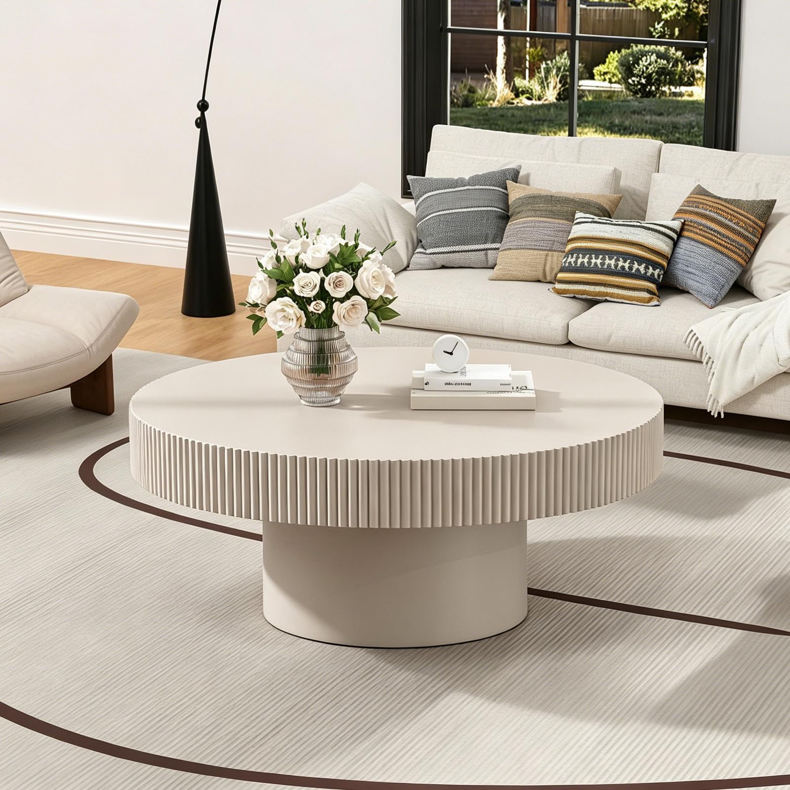 SOUWOFS 78CM Round Off White Coffee Table Contemporary Circle Coffee Table with Handcrafted Relief, Mid Century Modern Center Table Farmhouse Side Table for Living Room, Apartment (Off White Thin) — image 1