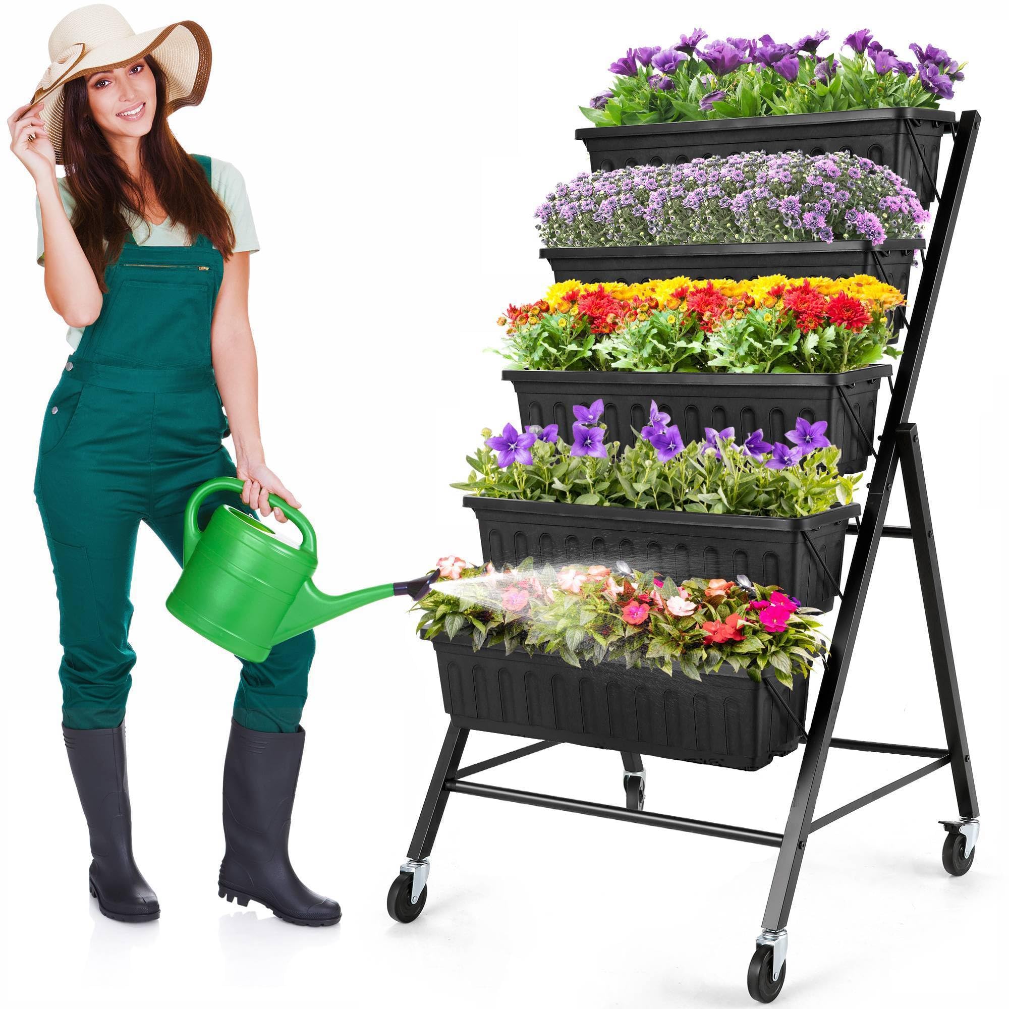 Homdox4FT Vertical Garden Bed, 5 Tiers Vertical Raised Garden Planter, 25.6*26*48Inch Garden Raised Bed with 4 Hooks & 4 Wheels, Vegetable Flower Planter Raised Stand for Garden Patio Yard, Black