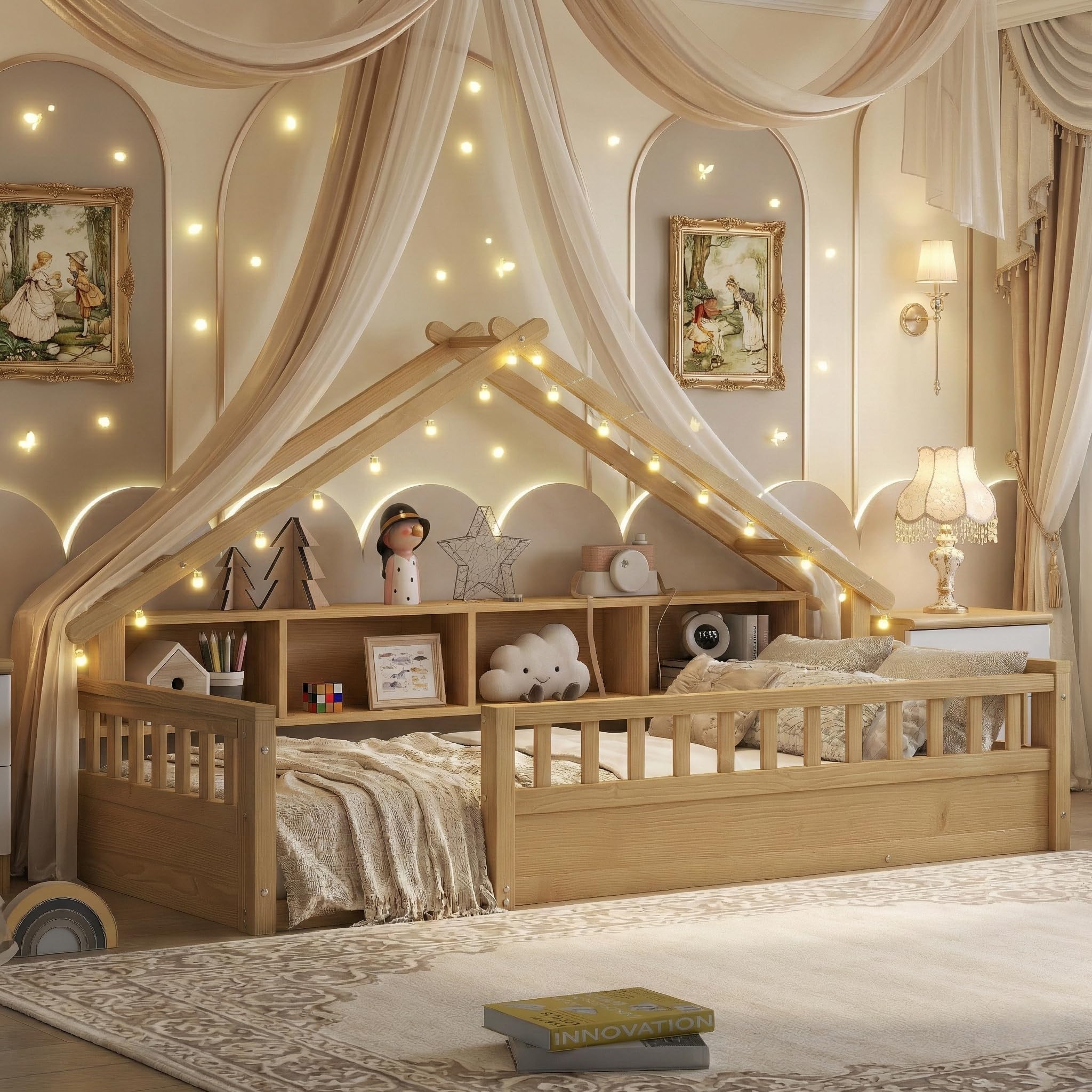 Assembled Mirightone Twin XL Floor Bed with roof shape, LED lights, and storage bookshelves.