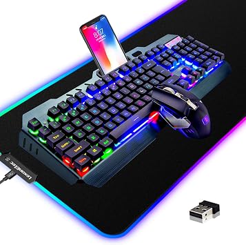 Wireless Gaming Keyboard and Mouse Combo,3 in 1 Rainbow LED Rechargeable Keyboard Mouse with 3800mAh Battery Metal Panel,10 Colors RGB Gaming Mouse Pad 32.5x12x0.15 inch,7 Colors Mute Gaming Mouse