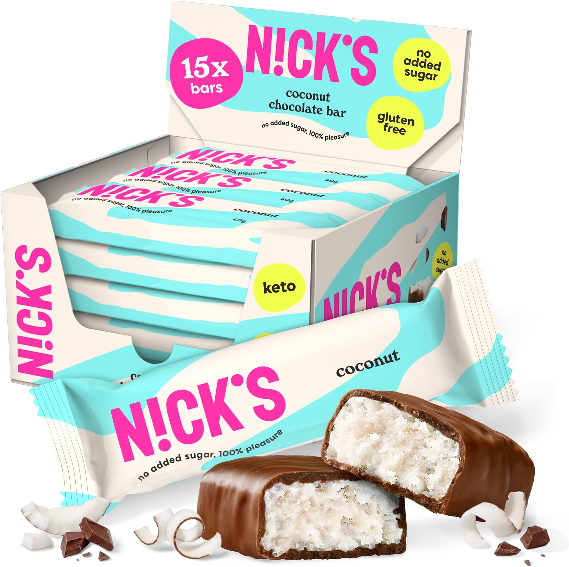 N!CK'S Coconut Keto Chocolate Bars No Added Sugar 175 Calories, 2 Net carbs, Gluten Free Sweets Low carb Candy Snack Bar (Multipack 15x40g)