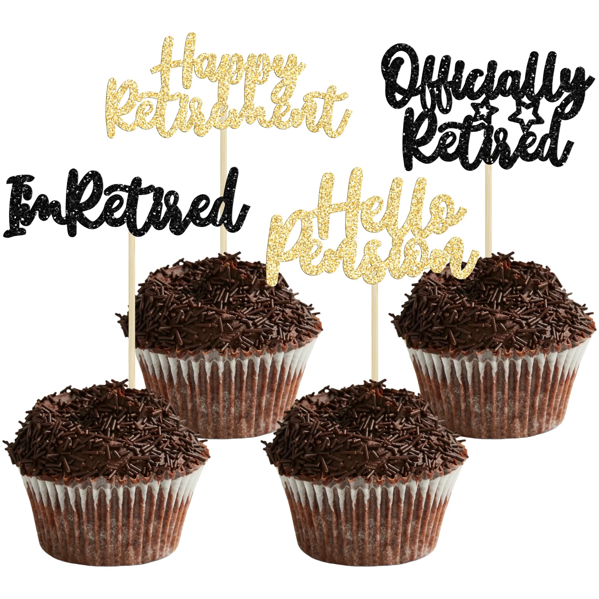36 Pieces Happy Retirement Cupcake Toppers Retirement Food Picks Gold Black Glitter Retired Cupcake Picks Party Cake Decorations