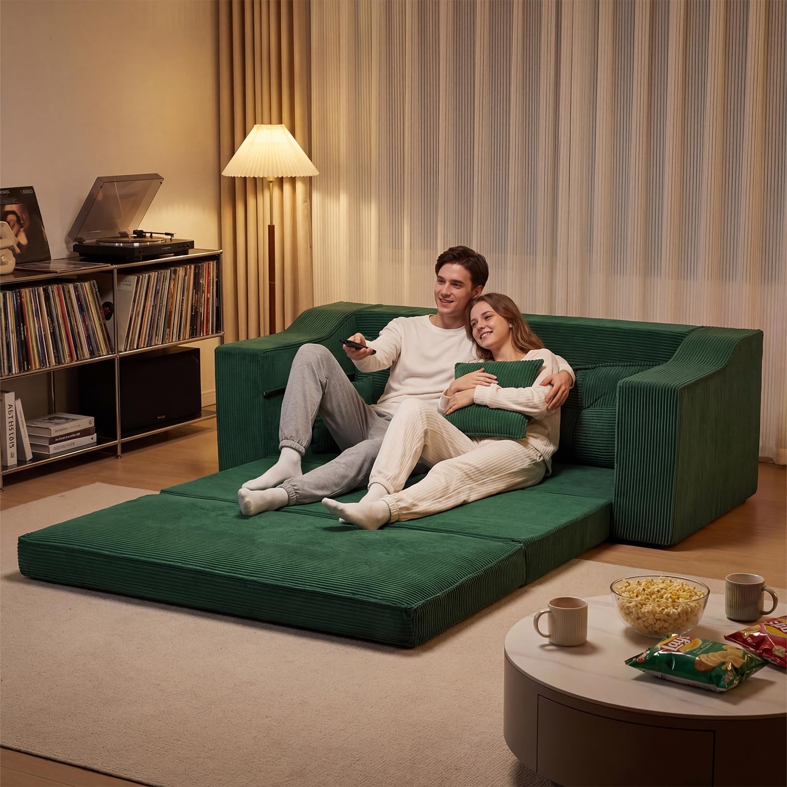 APICIZON Schlafsofa, 2-in-1 Boneless Couch, Bodensofa mit Kissen, 3 Sitzer Sofa Bed mit Schlaffunktion, Klappbare Matratze für Wohnzimmer, Schlafzimmer, Gästezimmer (Cord-Grün, 177 cm Breit)