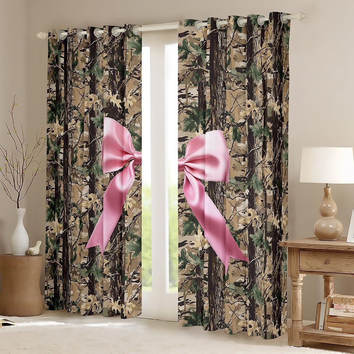 Erosebridal Bowknot Window Curtains 38" Wx54 L, 2 Panels Camo Blackout Curtains for Kids Girls Boys Hunting Woodland Bow Ribbon Wildlife Deer Brown Pink Lightweight Window Treatments Drapes