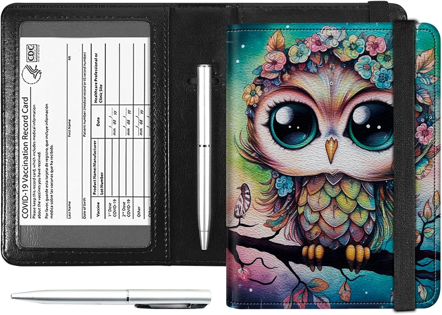 Passport and Vaccine Card Holder Combo, PU Leather RFID Blocking Passport Holder Cover Case for Women, Travel Passport Wallet Leather Case with Elastic Band, with Pen, Floral Owl