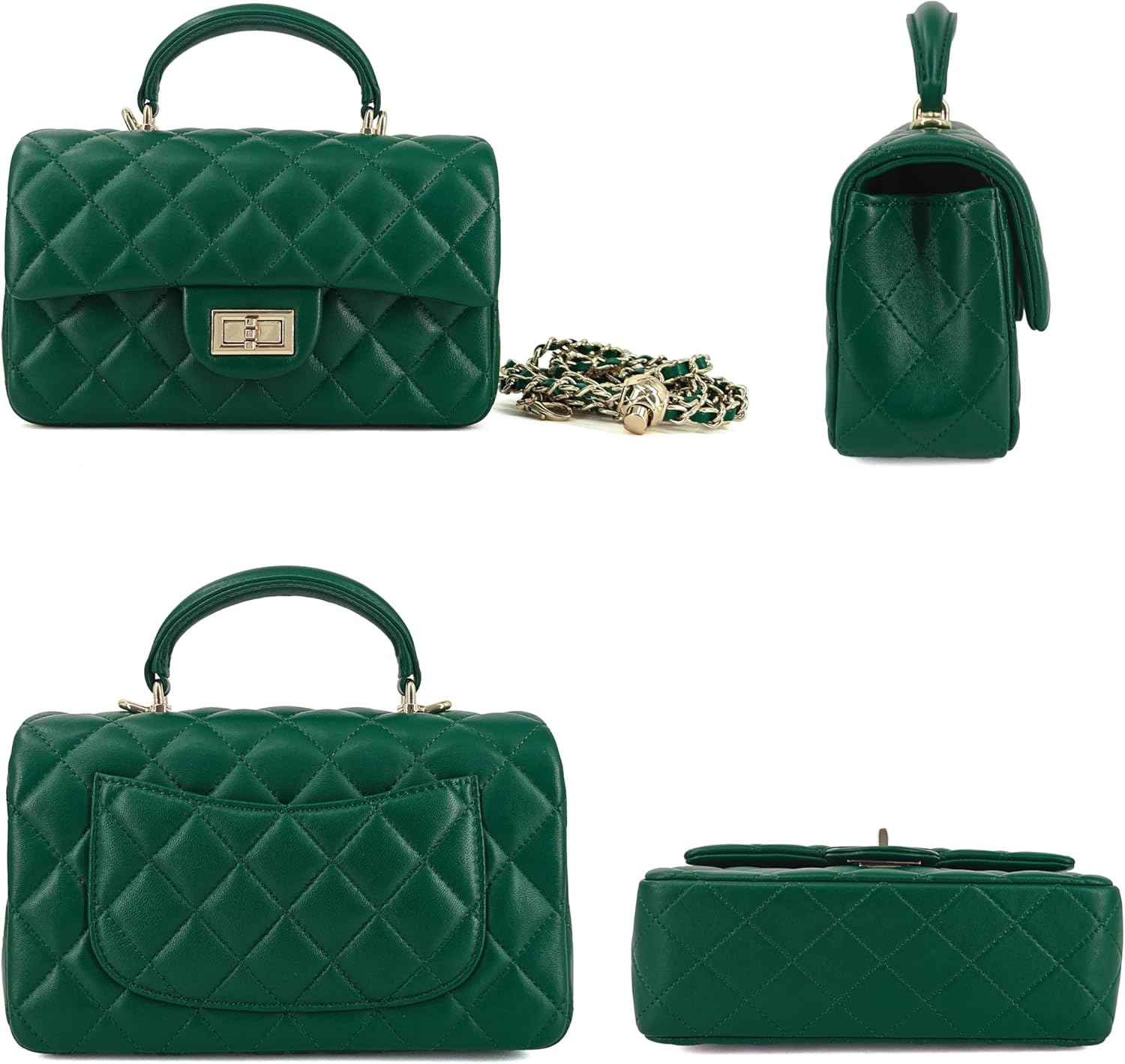 Small Quilted Crossbody Bag for Women, Genuine Leather Mini Shoulder Flap Purse with Gold Chain Strap & Top Handle - Image 3