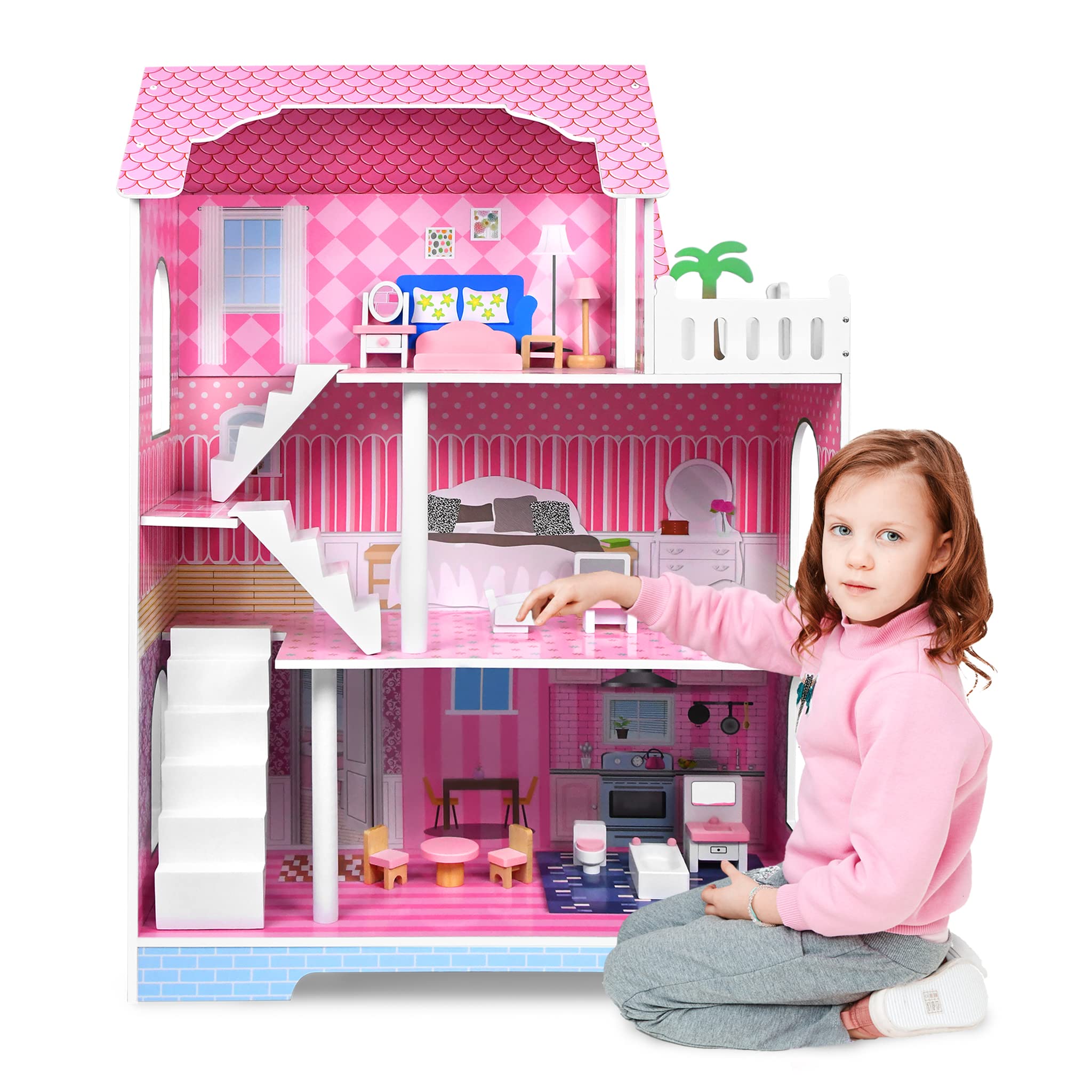 Aufun Holzpuppenhaus MDF, Puppenstube 3-Etage, Möbel, Zubehör, Puppenvilla, Dollhouse, Kinder, Spielzeug, Groß, Ästhetisch
