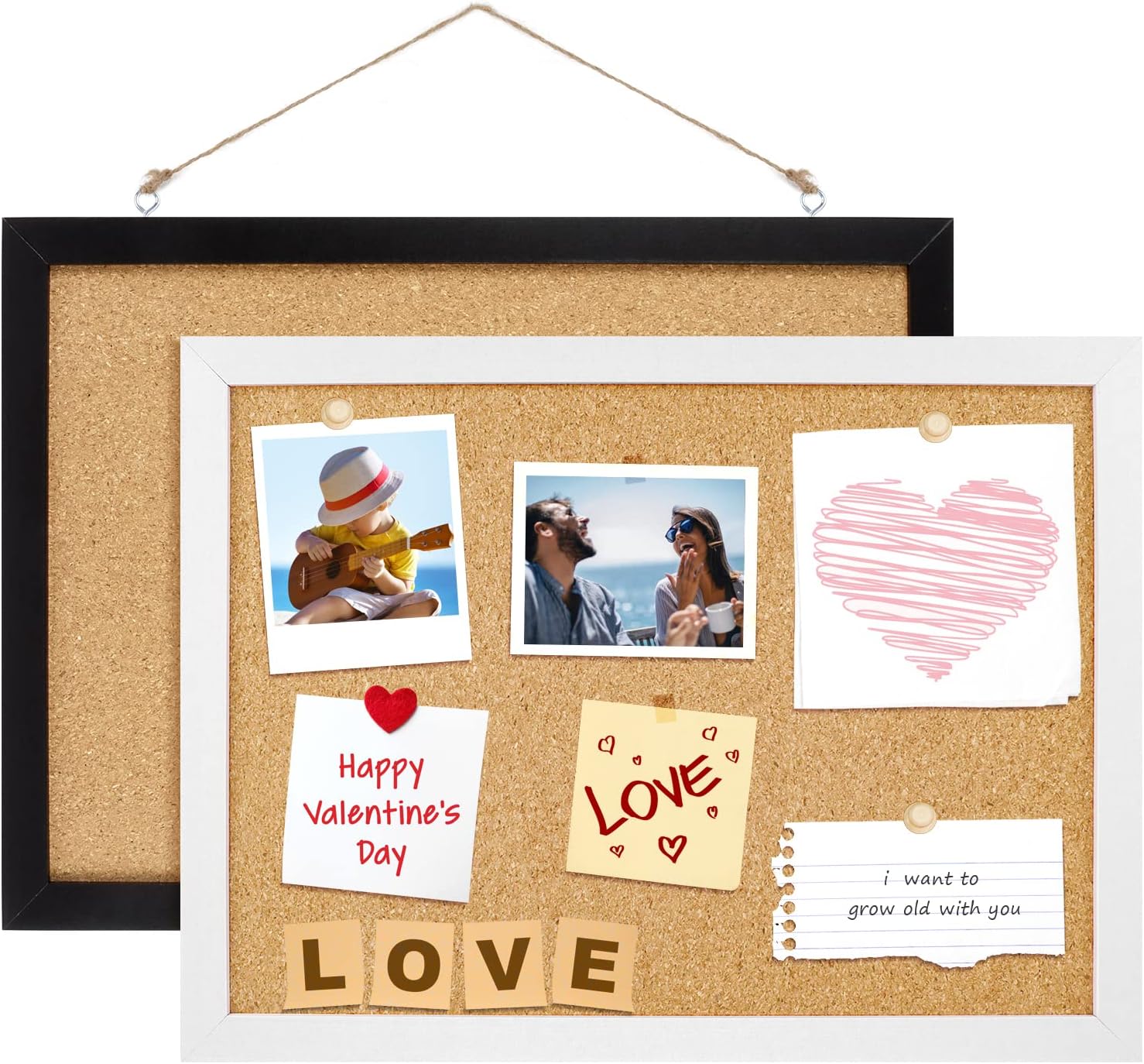 Uquelic 2 Pack Cork Board for Walls, 16’’x 12’’ Pin Boards, Decorative Bulletin Board, Hanging Vision Board for School Office Home Room Decor, with 20 Wooden Push Pins ( Black and White)