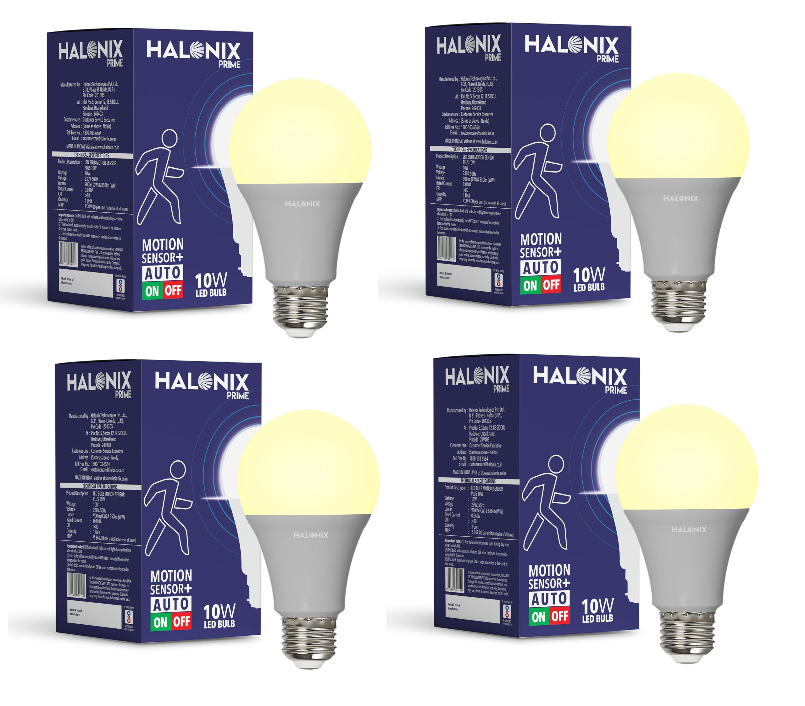 Halonix 10W Motion Sensor Led bulb | Color-Warm White Yellow | Auto on- Auto Off light | Motion sensor light | Pack of 4 | Base-E27 Screw Type | Covers Upto 15 Feet Area|